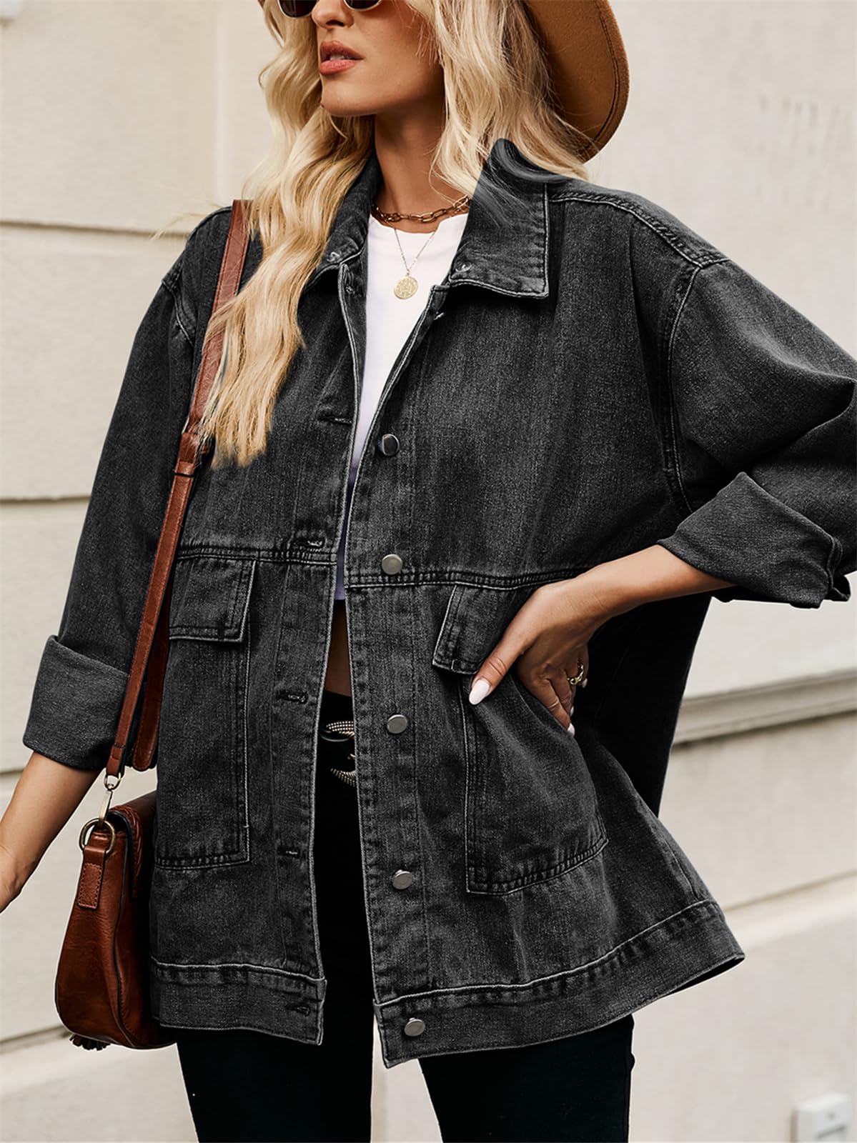 PAODIKUAI Women's Vintage Oversized Denim Jacket - Long Sleeve Casual Jean Coat with Detachable Hood | Streetwear Fashion, Fall Layering, Boho Outfit Essential