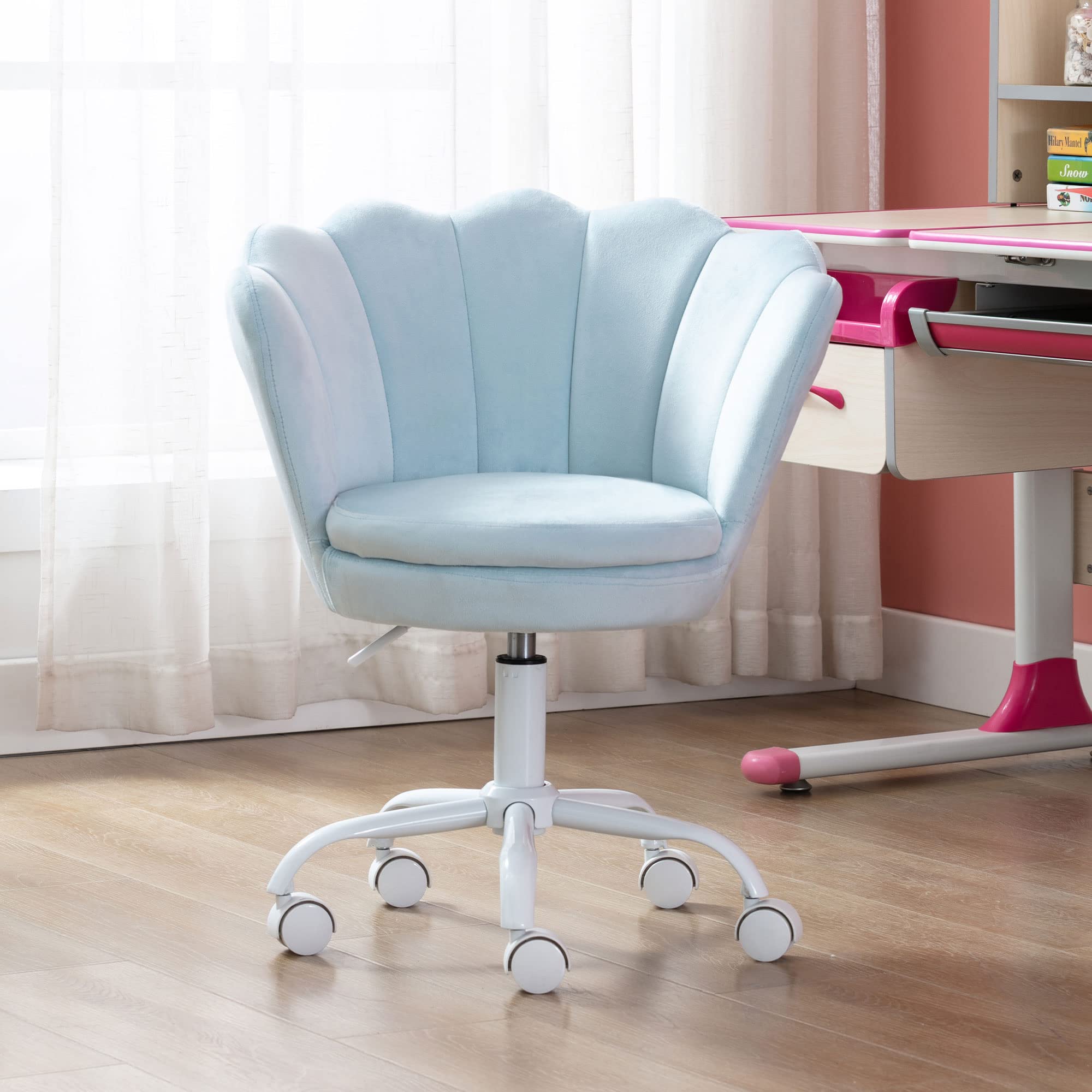 Velvet Kids Desk Chair - Adjustable Swivel Rolling Computer Chair for Girls, Modern Upholstered Armchair with Ergonomic Support for Bedroom, Study Room & Home Office (Blue) - Perfect for Homework, Gaming & Reading