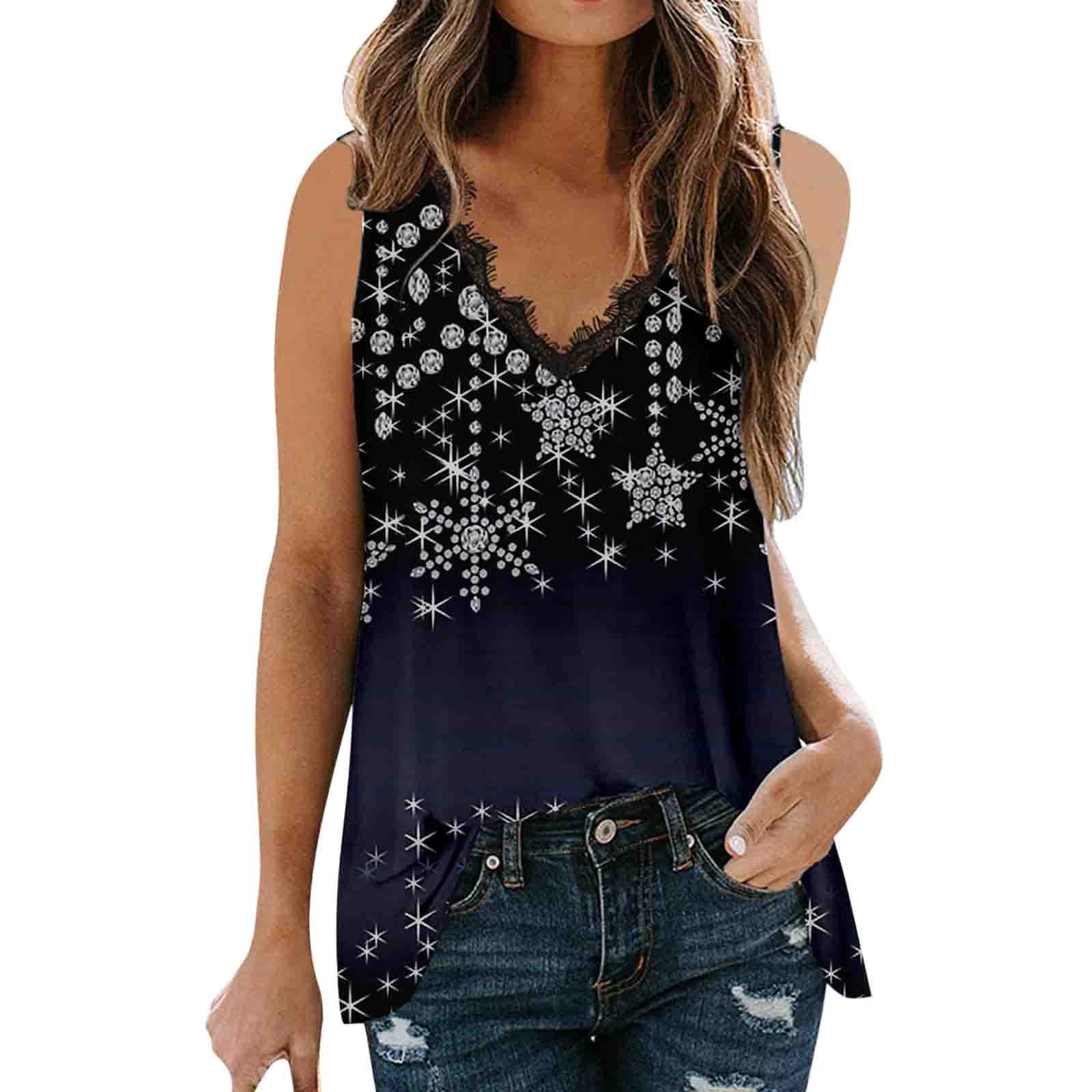 Women's Summer Sleeveless Snowflake Print V-Neck Lace Tank Top - Athletic Crop Top for Casual Wear, Beach Outfits & Yoga Workouts