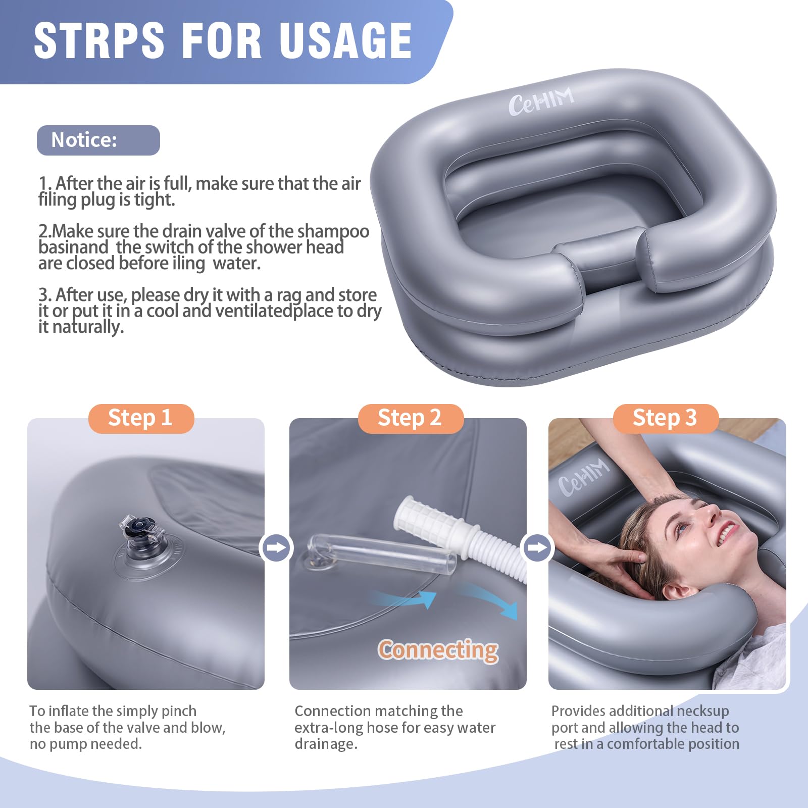 **Portable Inflatable Shampoo Basin for Bedridden & Disabled - Hair Washing Bowl for Home, Salon, or Travel - Silver (Ideal for Dreadlocks, Post-Surgery, and Sink-Free Hair Care)**