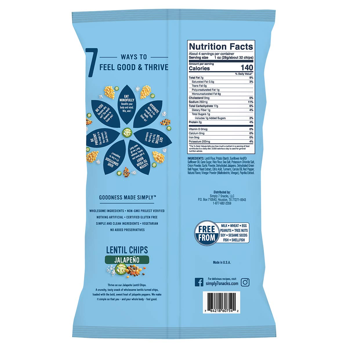 Simply7 Gluten-Free Lentil Chips, Jalapeño Flavor, 4 Oz Bag – Crunchy Vegan Snack for Parties, Healthy On-the-Go Food & Keto-Friendly Diet