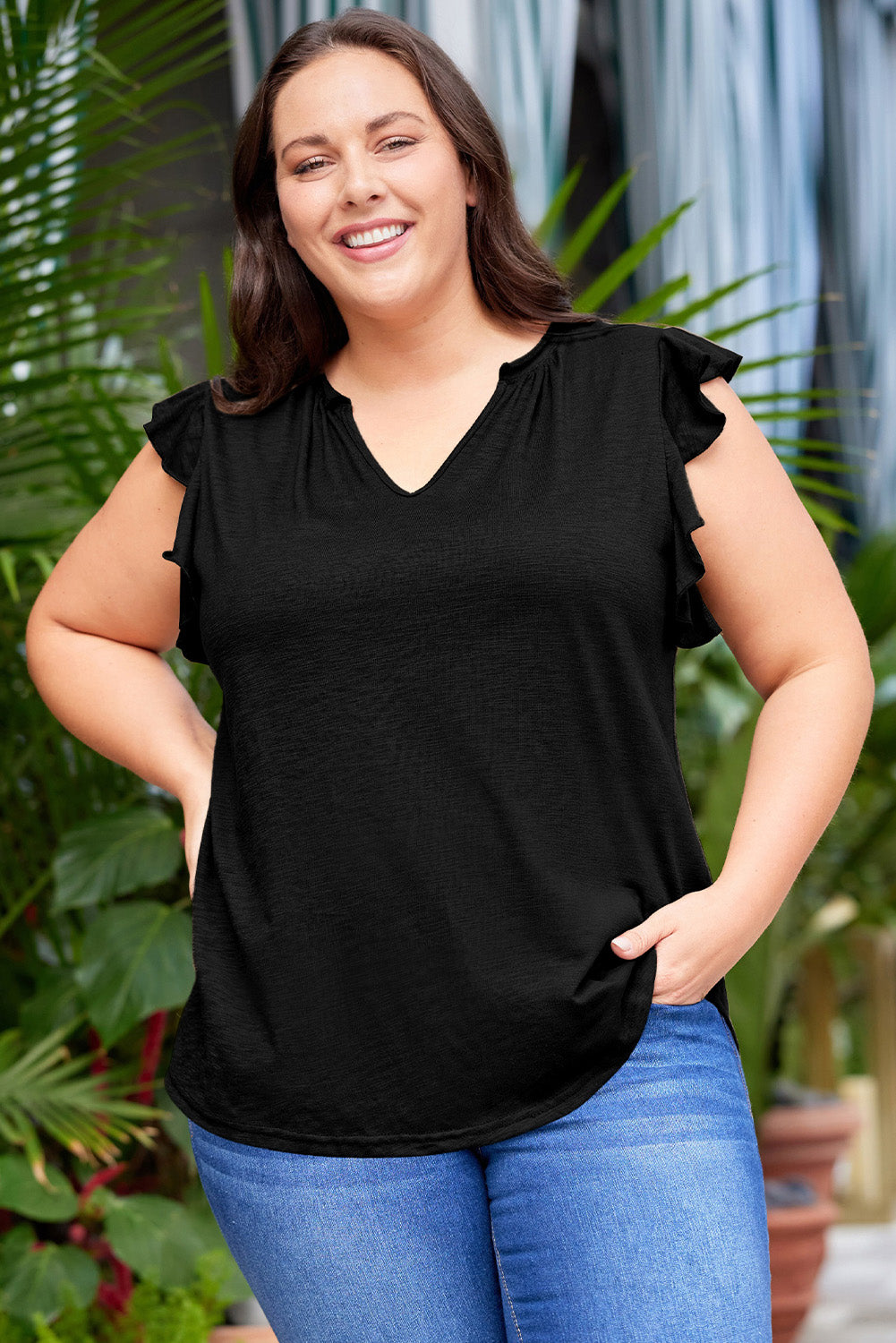 Plus Size Flutter Sleeve Resort Blouse for Women - Flowy Vacation Shirt with Ruffle Details, Perfect for Beach Getaways & Summer Outings