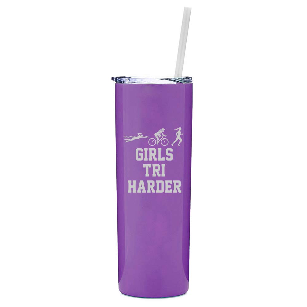 20 oz Skinny Tall Stainless Steel Vacuum Insulated Tumbler with Straw - Triathlon Travel Mug for Women, Perfect for Swim Bike Run Workouts & Outdoor Activities (Purple)