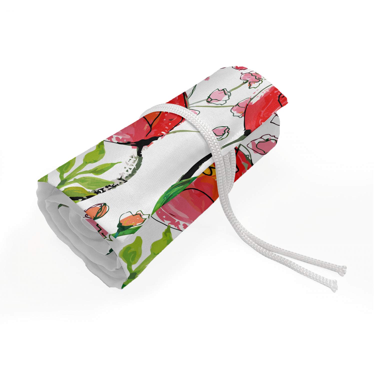 Ambesonne Floral Roll Up Pencil Holder - Watercolor Flower & Leaf Design Artist Pouch with 72 Loops for Drawing, Sketching & Painting Supplies | Perfect for Students, Artists & Office Organization (Pink & Green)