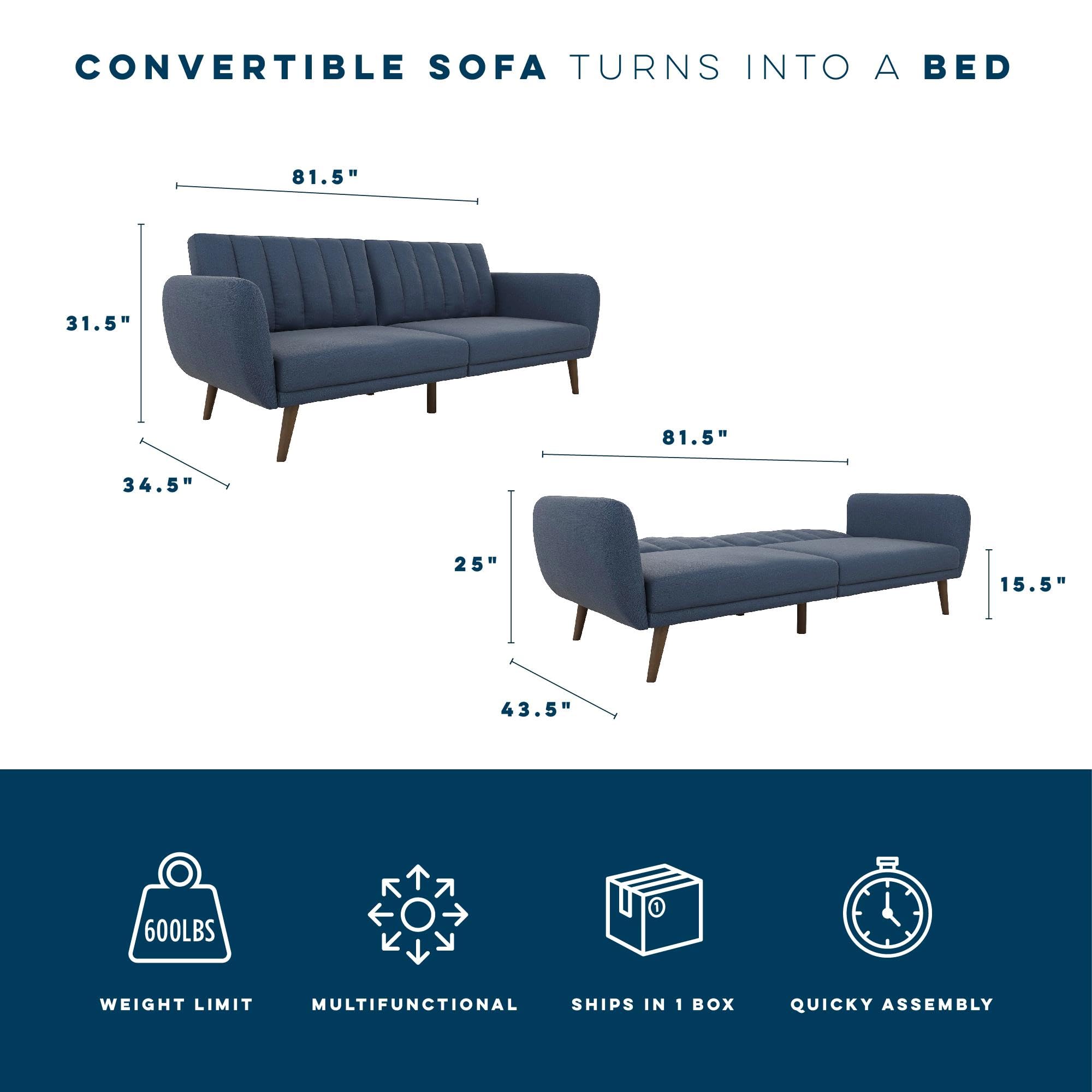 Novogratz Brittany Sofa Futon - Premium Linen Upholstery with Wooden Legs in Blue | Convertible Sleeper Sofa for Small Spaces, Living Room & Guest Room