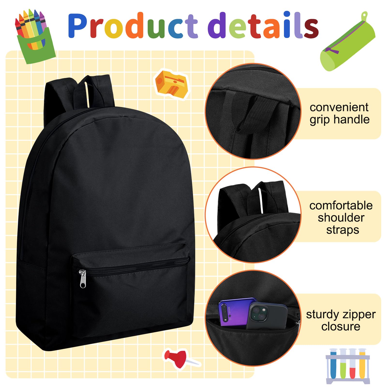 Silkfly 24-Piece Backpack Set with 17-Inch School Bags & 24 Stationery Kits - Complete Back to School Supplies for Kids (Black) - Perfect for Classroom, Homeschooling & Student Essentials