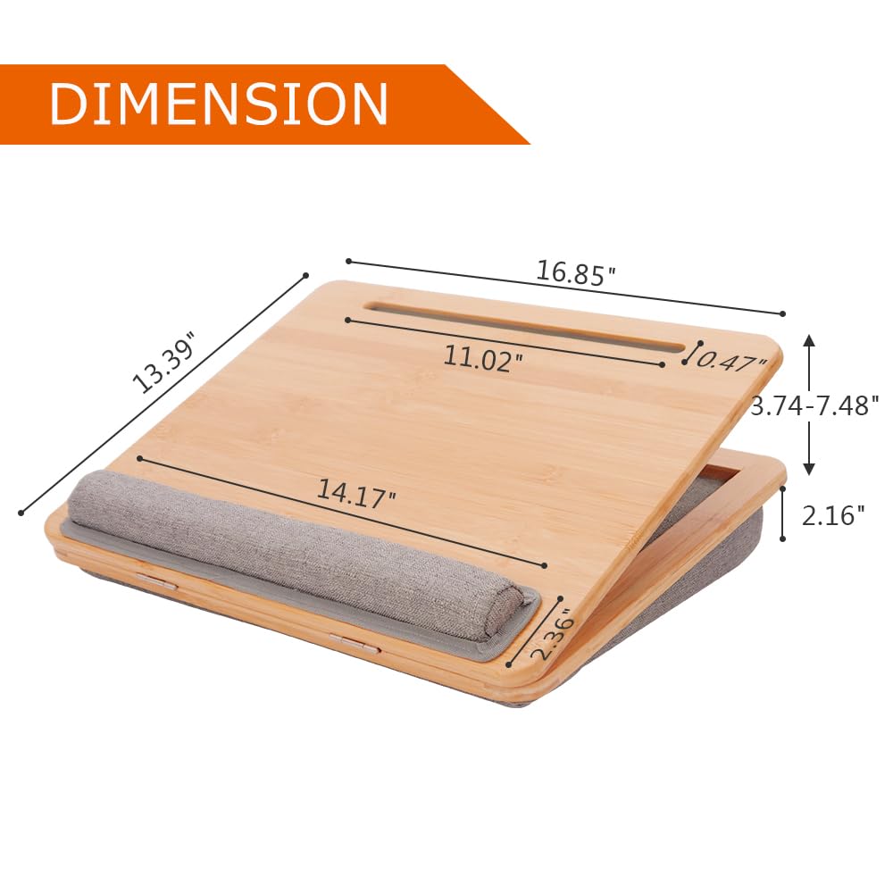 Adjustable Bamboo Lap Desk for Laptop with Cushion - Portable Laptop Stand with Tablet Slot & Phone Holder - Ergonomic Bed Tray for Home Office, Sofa, Car & Travel Use - Perfect for Working, Studying or Watching Movies in Bed