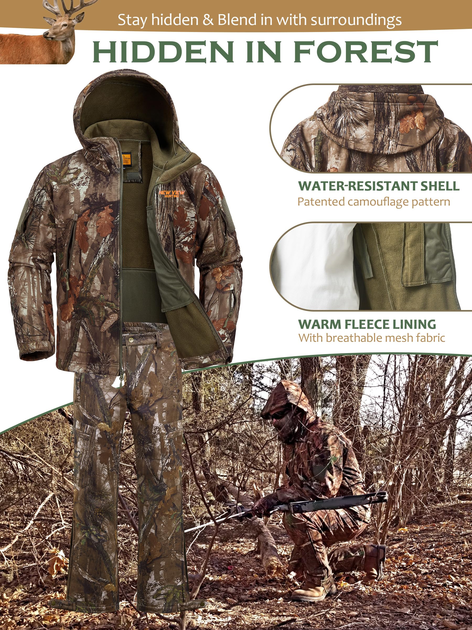 NEW VIEW Camo Hunting Clothes Set for Men - Quiet Warm Water Resistant Jacket & Pants Suit for Deer Duck Bow Hunting | Ideal for Cold Weather Outdoor Adventures