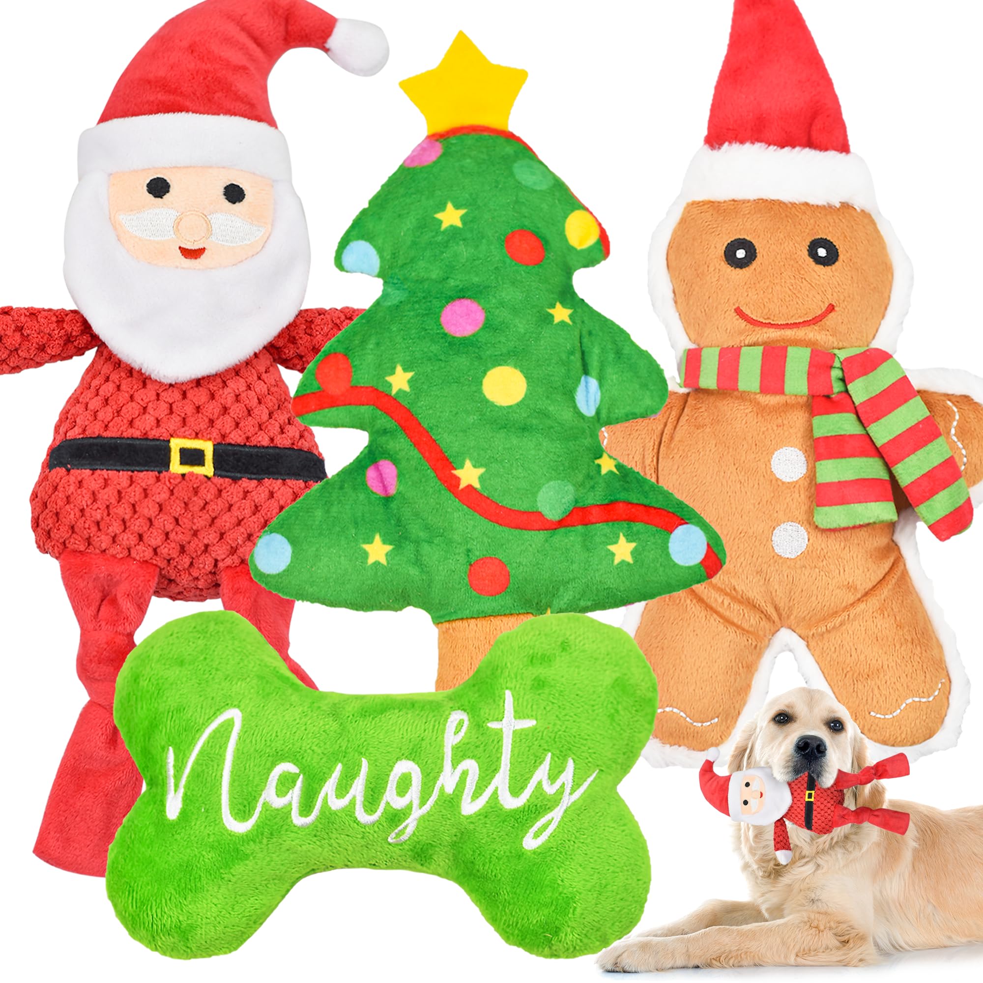 **Christmas Dog Toys 4-Pack - Squeaky Stuffed Chew Toys for Teething Puppies & Large Dogs - Durable Xmas Gift Bundle (Santa & Holiday Designs) - Perfect for Playtime, Training & Holiday Gifting**