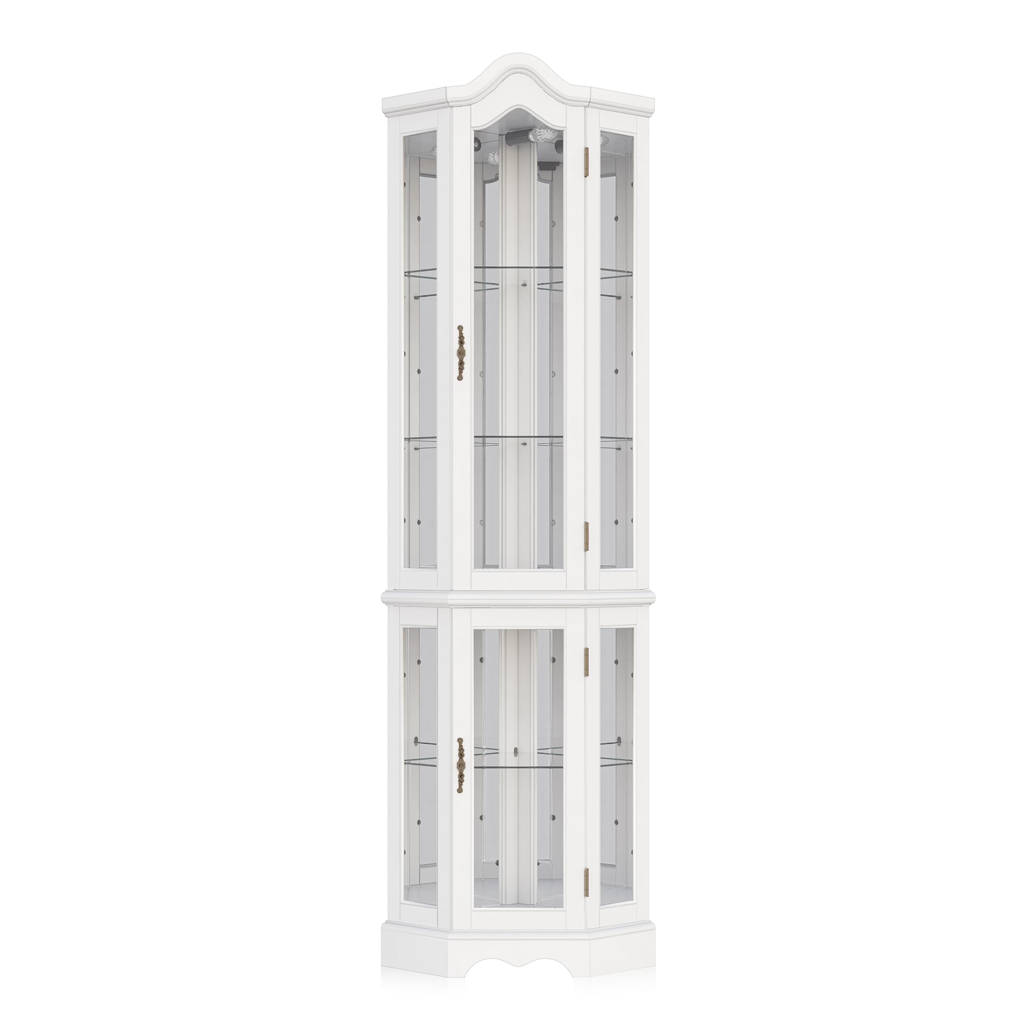 BELLEZE Lighted 3-Side Glass Display Curio Cabinet with Tempered Glass Doors & Shelves - Curved Wood Corner Cabinet with LED Bulbs - White Corner Storage Rack for Living Room, Dining Room & Office Decor