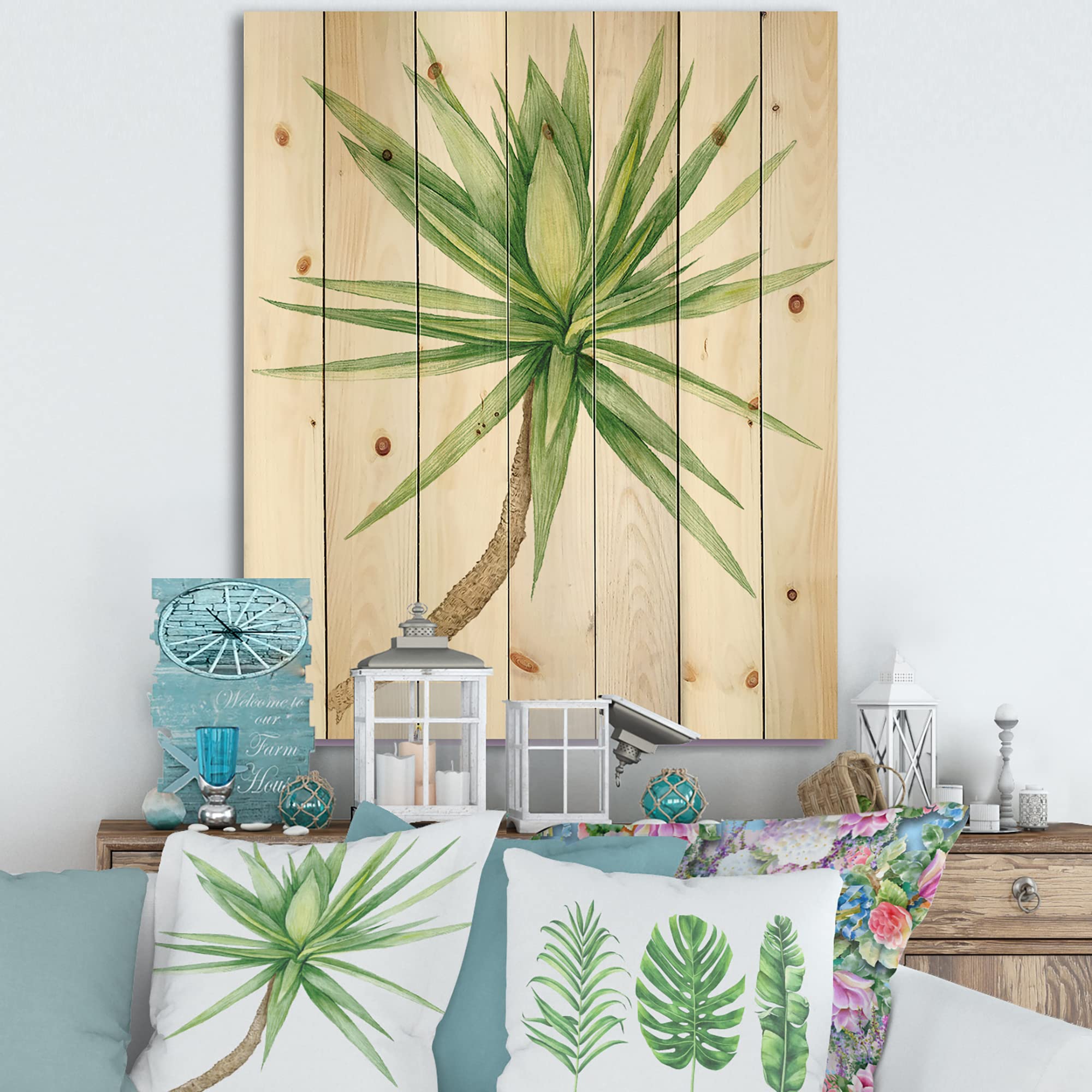 Yucca Tree Wood Wall Decor - Traditional Green Floral Wall Art Panels, Large Pine Wood Wall Hanging for Living Room, Bedroom & Office Decor