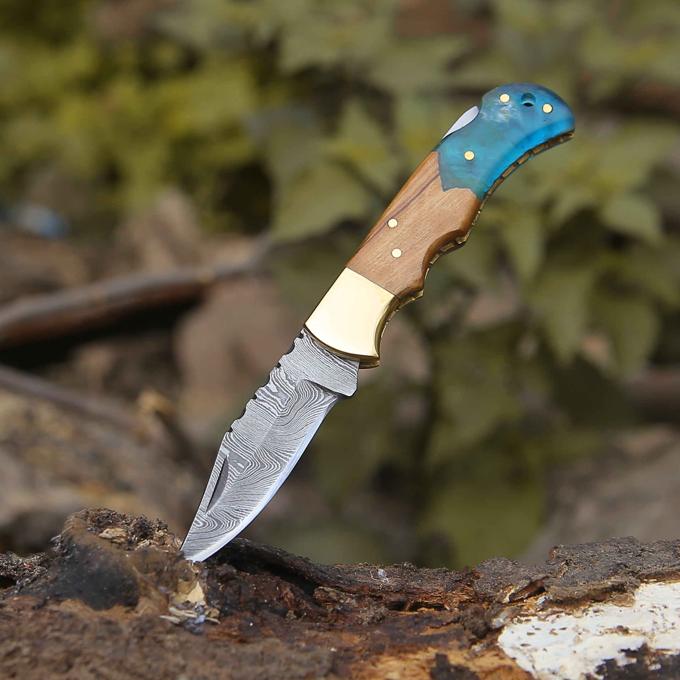 Premium Knight Pocket Knife - Olive Wood & Resin Handle Folding Knife - EDC, Camping, Hiking & Outdoor Survival Tool