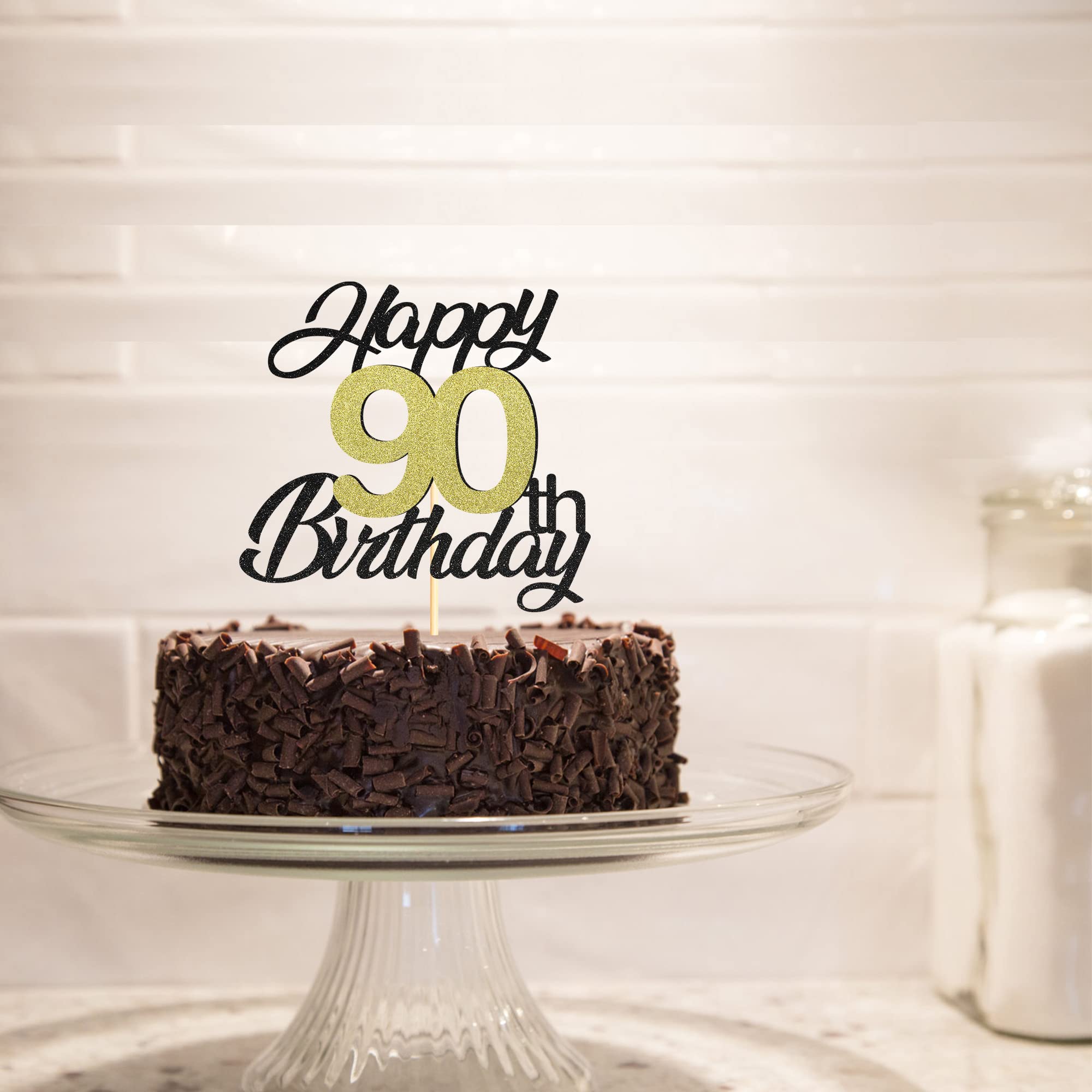Elegant Black & Gold Glitter 90th Birthday Cake Topper - Happy 90th Birthday Cake Decorations for Women & Men - Perfect for Milestone Birthday Parties & Celebrations