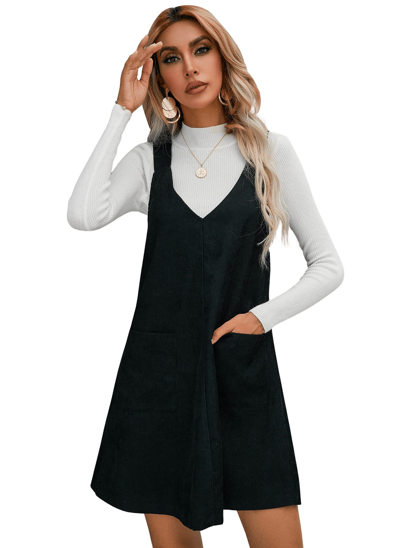 Verdusa Women's Tie Knot Strap V Neck Sleeveless Corduroy Jumpsuit - Casual Summer Romper Dress for Outing, Dating & Vacation