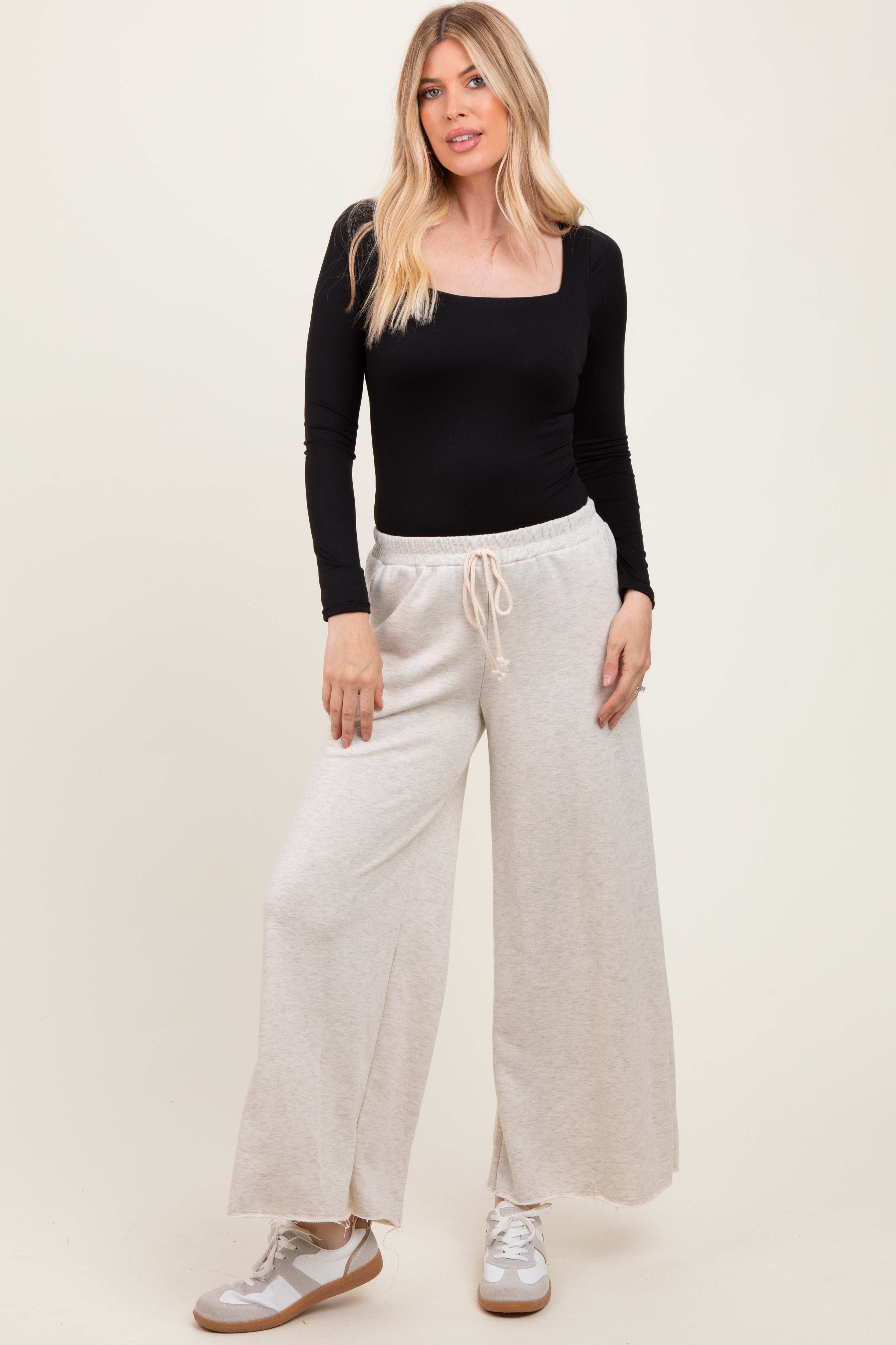 Beige French Terry Raw Edge Wide Leg Pants for Women - Comfortable Lounge Pants, Casual High Waisted Sweatpants for Yoga, Home, Travel & Relaxation