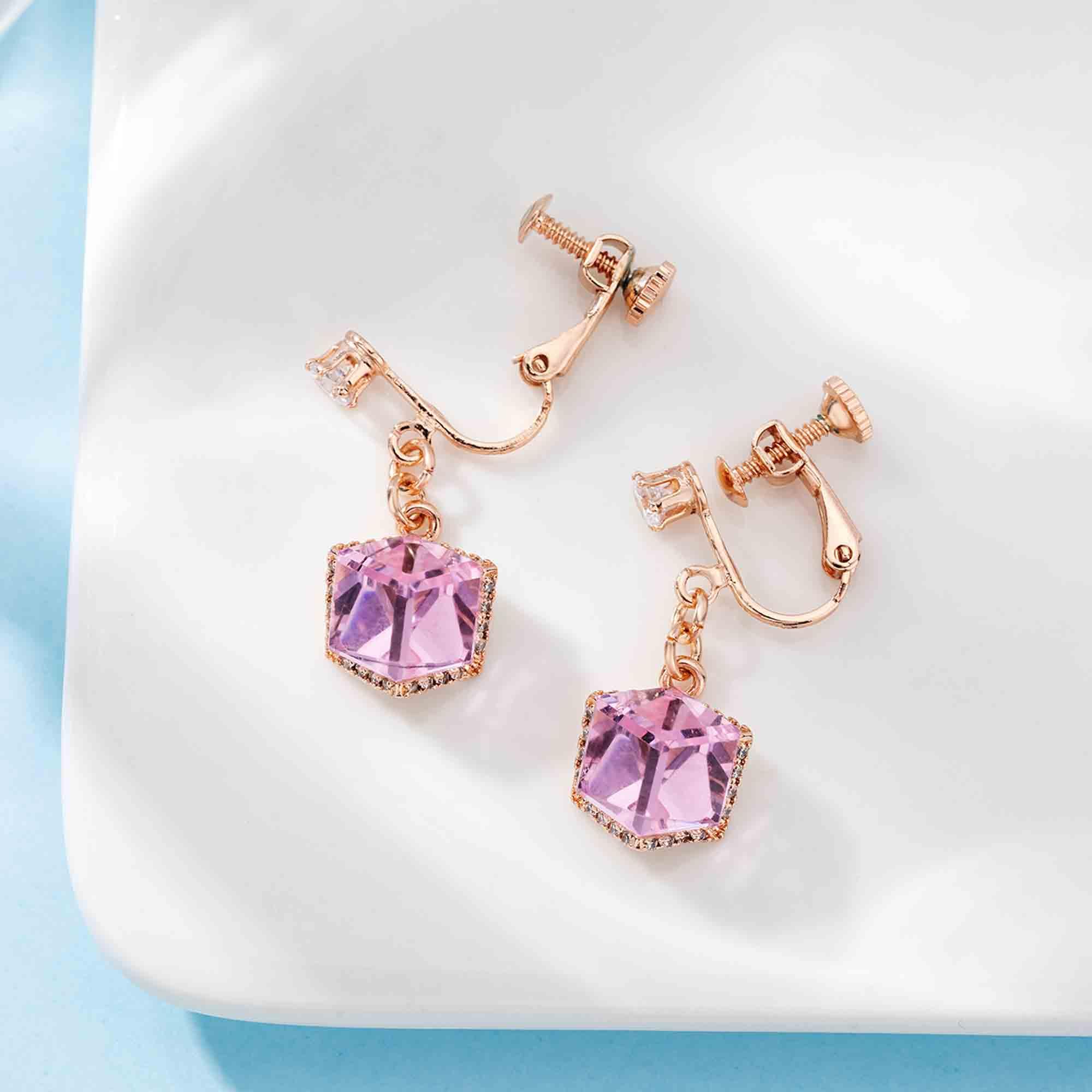 Cube Austrian Crystal Drop Clip-On Dangle Earrings for Women - Non-Pierced 14K Rose Gold Plated Hypoallergenic Jewelry - Perfect for Weddings, Parties & Special Occasions