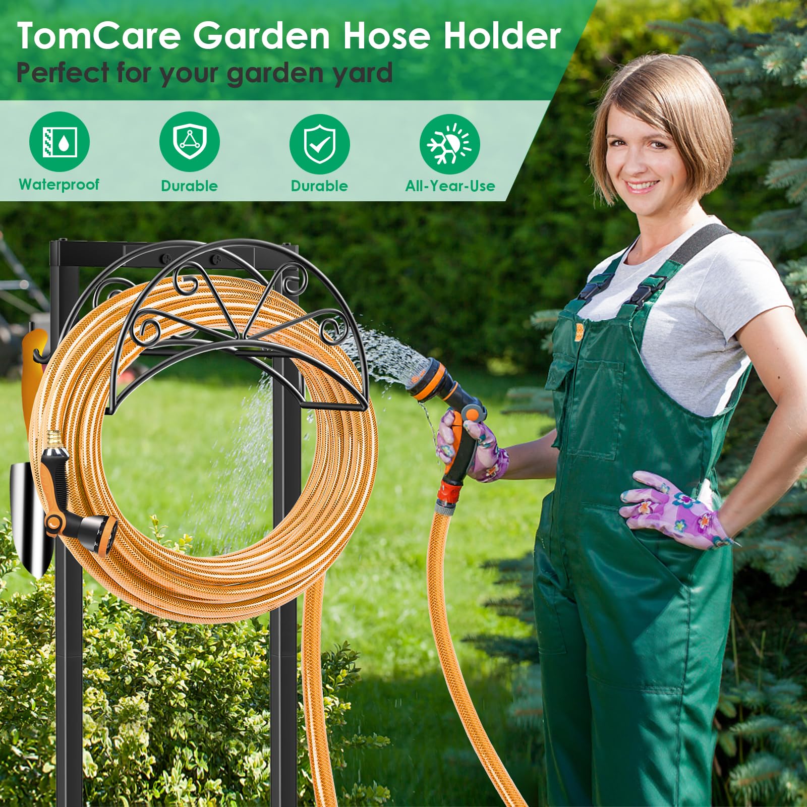 Heavy Duty Freestanding Garden Hose Holder with 4 Spikes & 2 Tool Hooks - Sturdy Outdoor Water Hose Storage Stand for 160 FT Hose - Perfect for Yard, Lawn, Garden Watering & Tool Organization (Black)