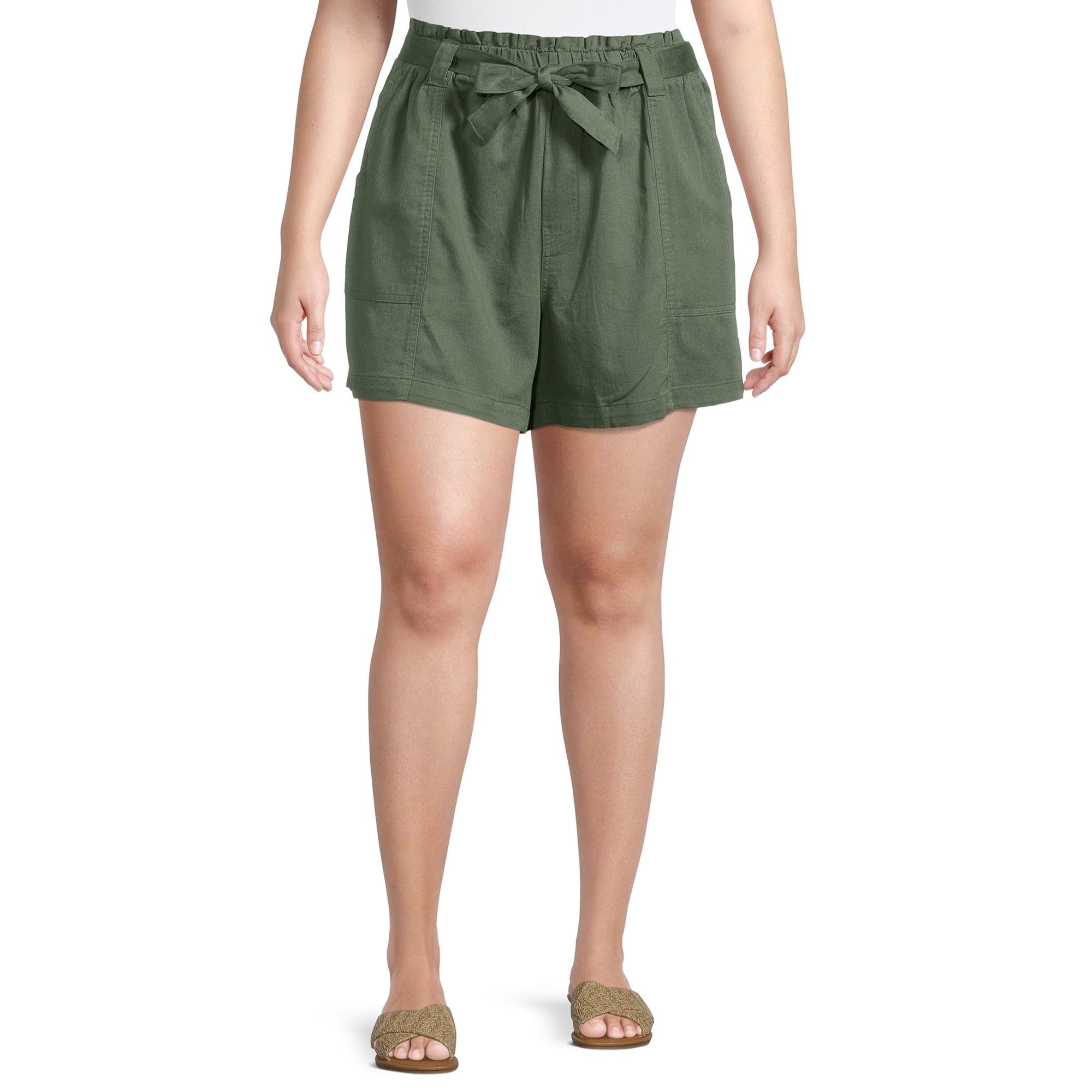 Terra & Sky Women's Plus Size Green Paperbag Waist Belted Shorts - Comfortable & Stylish for Summer Outfits, Casual Wear & Travel