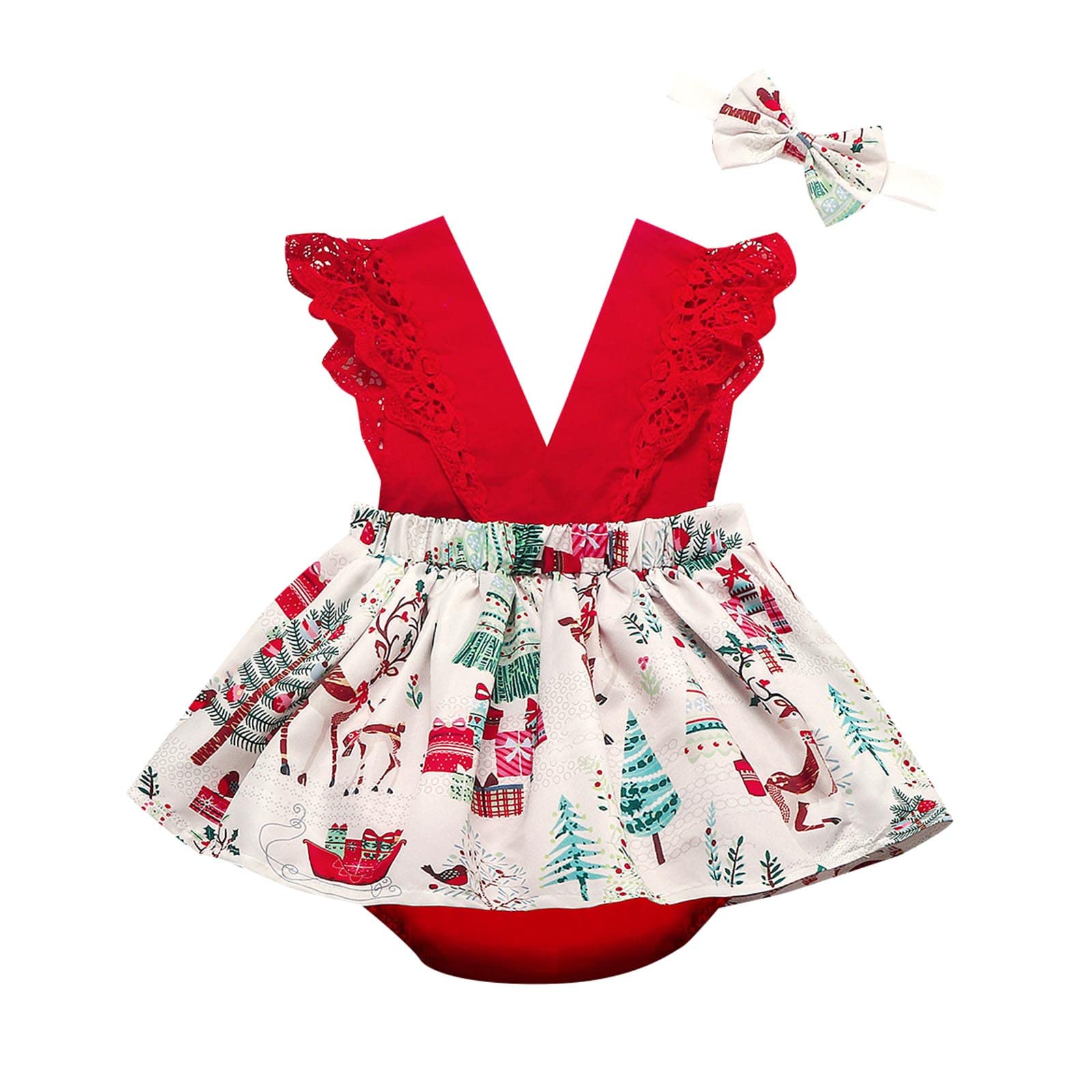 MVNB Christmas Toddler Baby Girl Dress - Cute Sleeveless Patchwork Princess Romper with Headband | Holiday Party Outfit, Newborn Photoshoot, Christmas Celebration