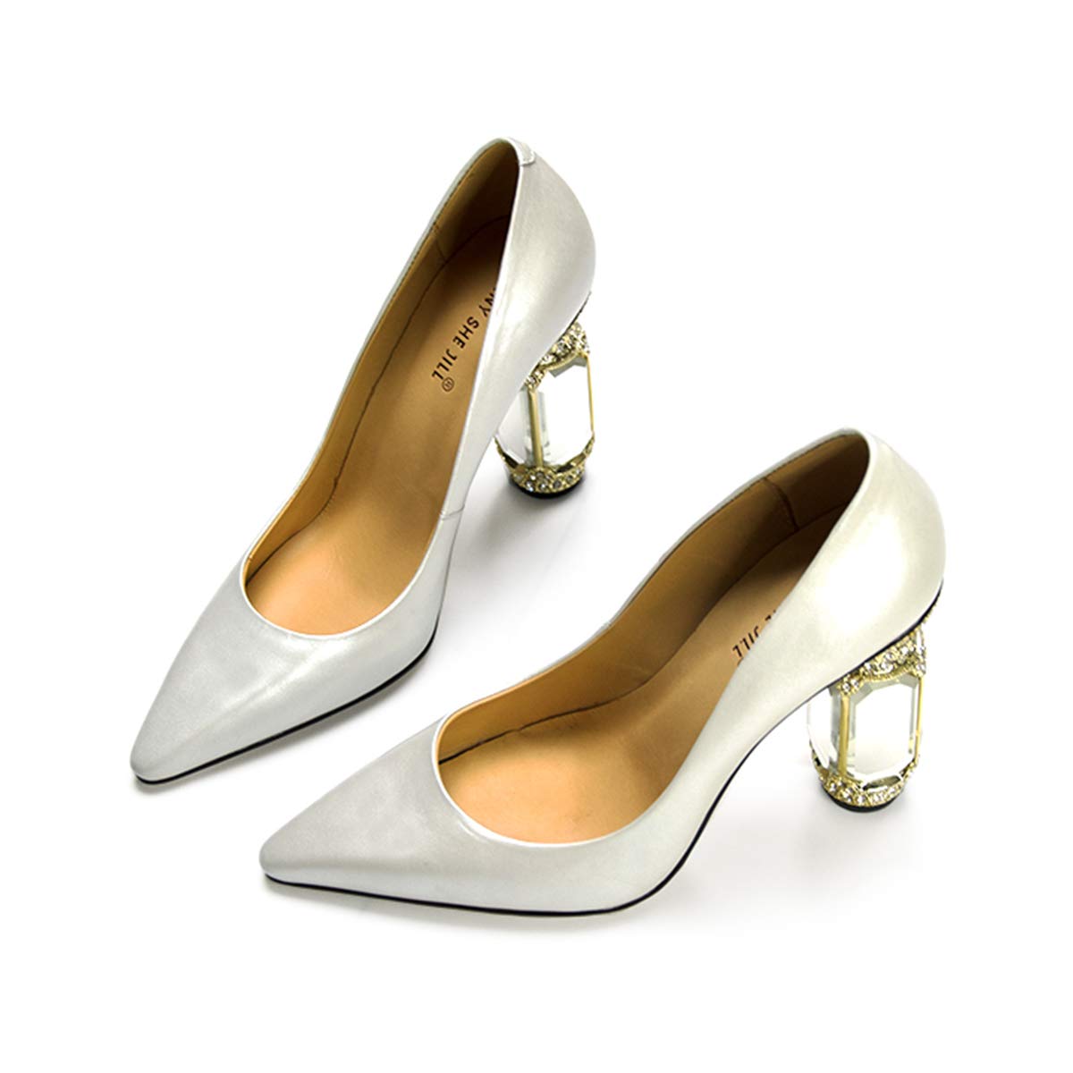 FSJ Women's Crystal Embellished Leather Chunky High Heel Pumps - Pointed Toe Slip-On Dress Shoes for Wedding, Party & Evening Events (US Size 4-12) - Perfect for Bridal, Prom, Cocktail Parties & Formal Occasions