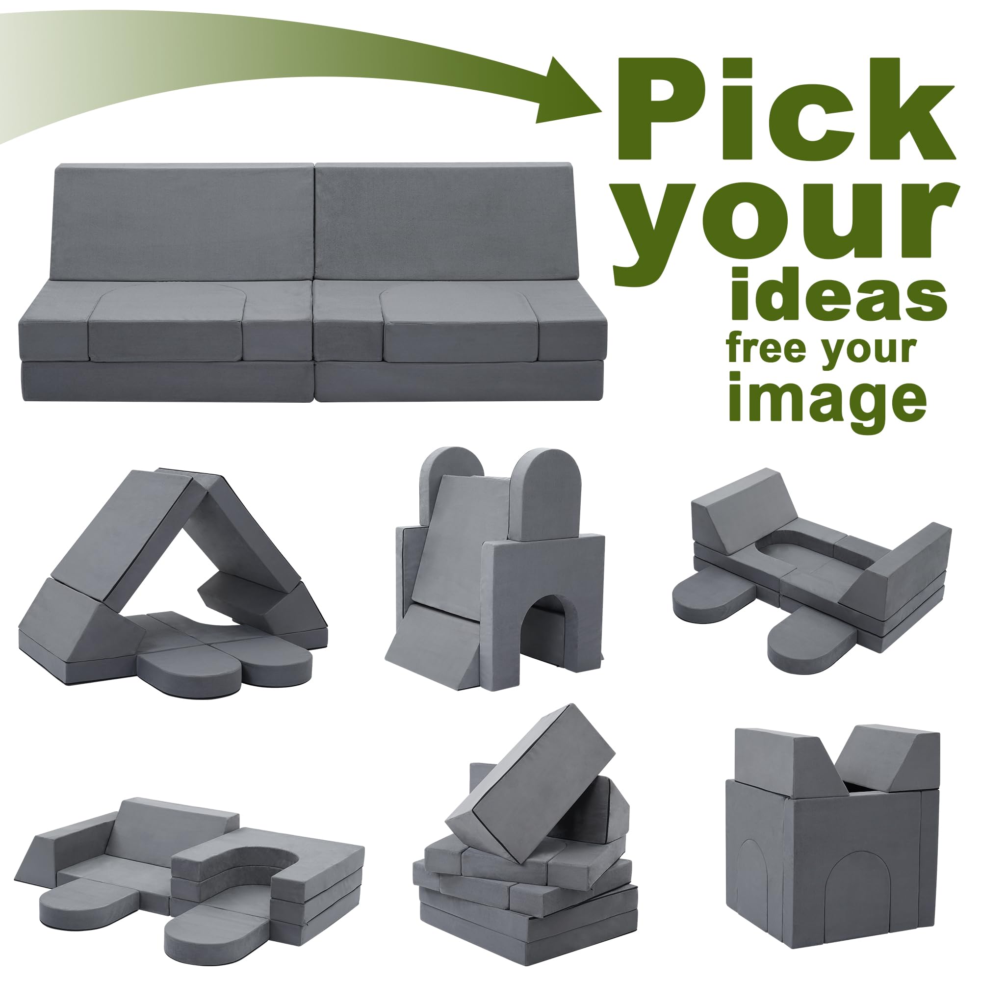 8PCS Modular Kids Play Couch - Convertible Foam Sofa Bed for Boys & Girls, Toddler Playroom Furniture for Building Forts & Indoor Play (Grey) | Perfect for Playrooms, Bedrooms & Homeschooling Spaces