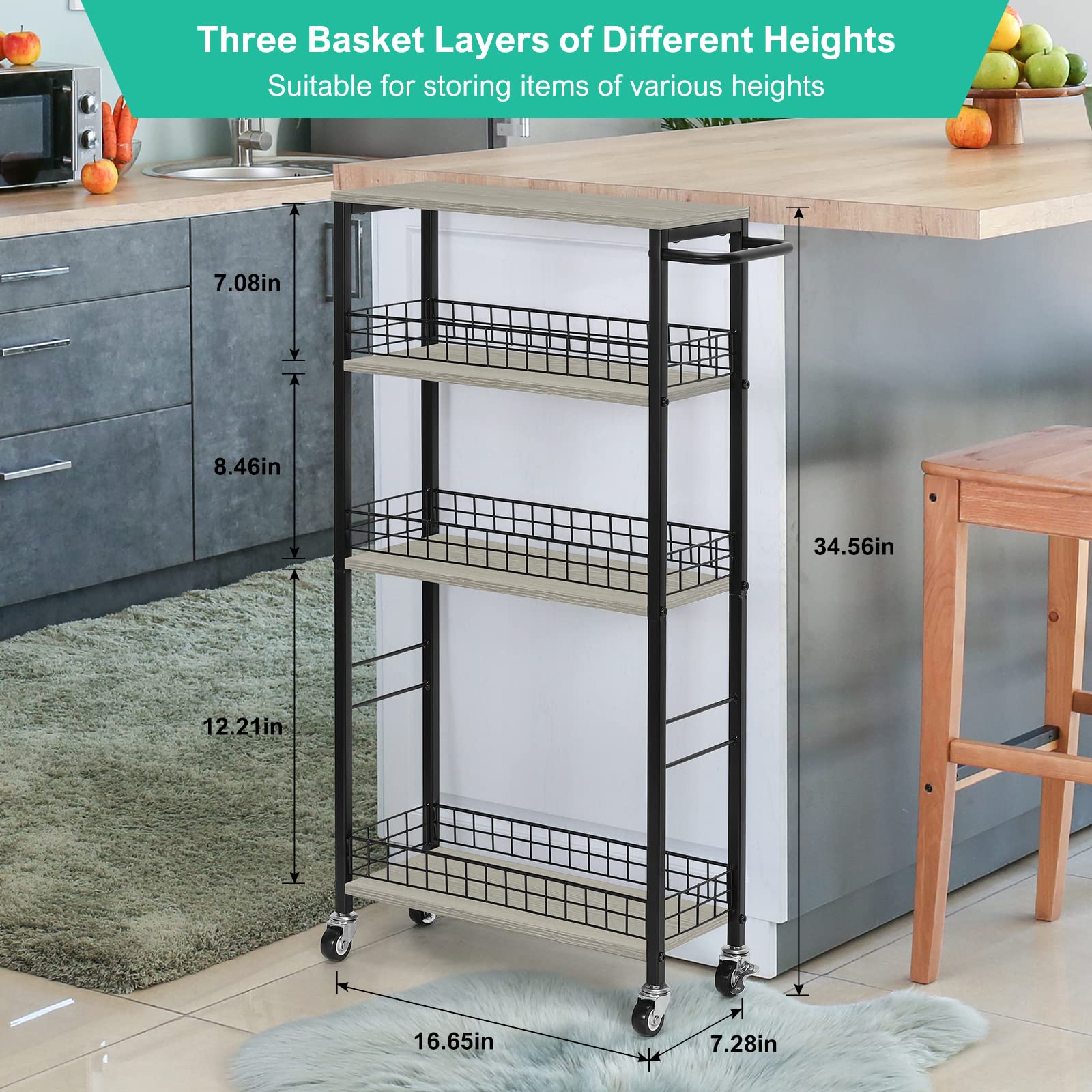 YBING 4-Tier Slim Rolling Storage Cart with Wooden Tabletop & Wheels - Narrow 7.3'' Wide Mobile Kitchen Utility Cart with Handle - Perfect for Small Spaces, Pantry Organization, Living Room Storage & Kitchen Gaps