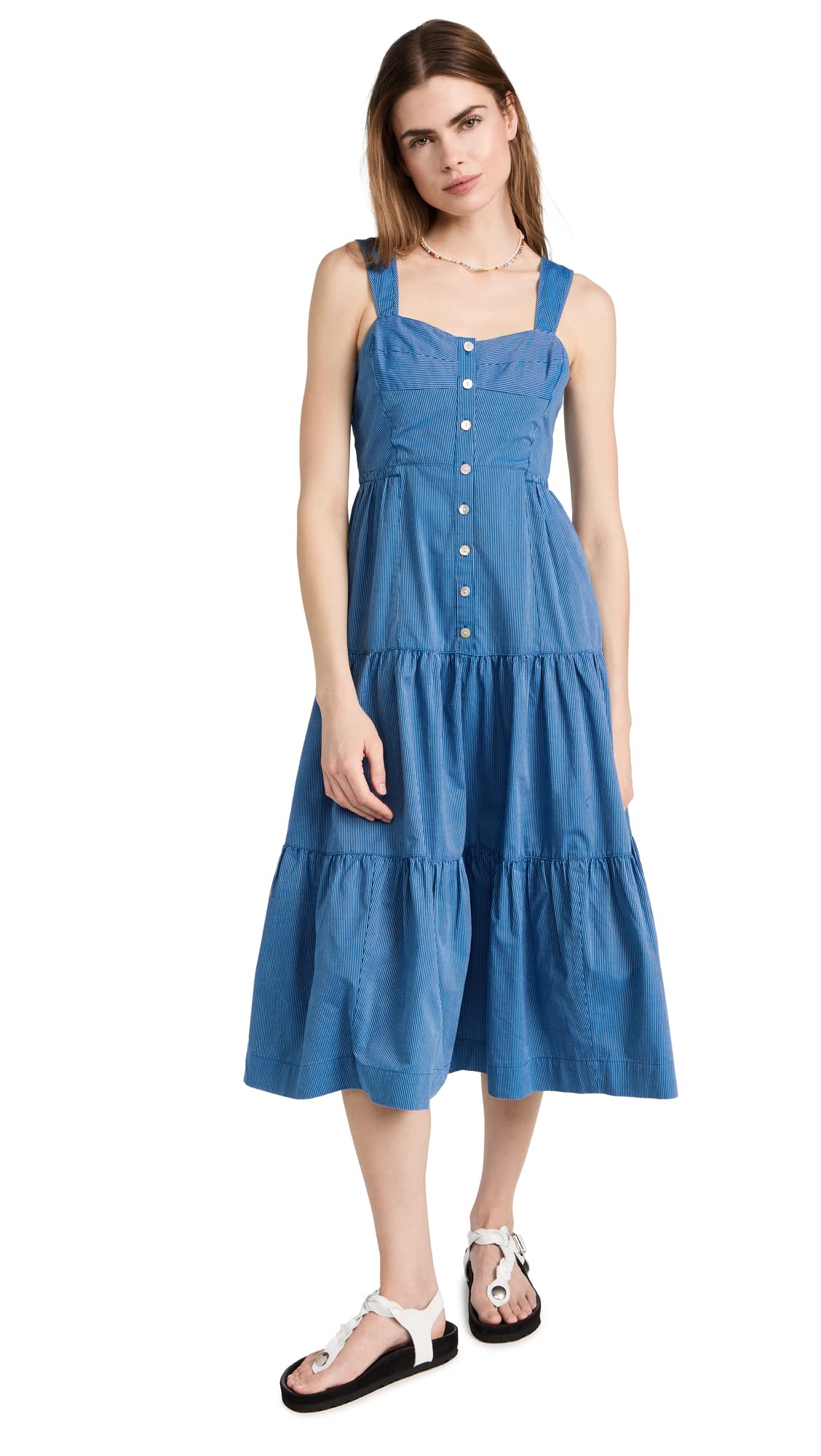 Madewell Women's Button-Front Tiered Midi Dress - Striped Floral Summer Dress for Casual Outings, Beach Vacations & Brunch Dates