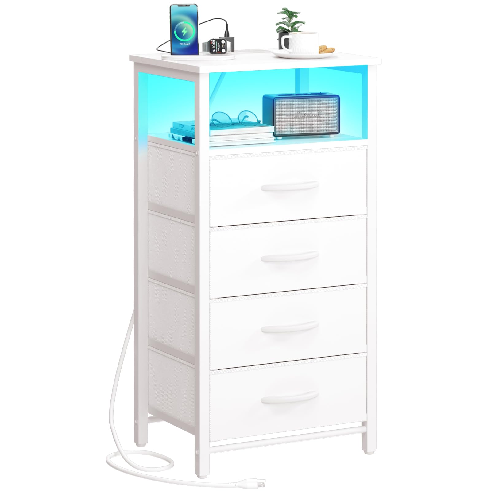 Yoobure White LED Nightstand with Charger Station - Small Bedside Table with 4 Fabric Drawers & Open Shelf, USB Ports & Outlets - Modern Bedroom Dresser for Phones, Books & Bedroom Storage