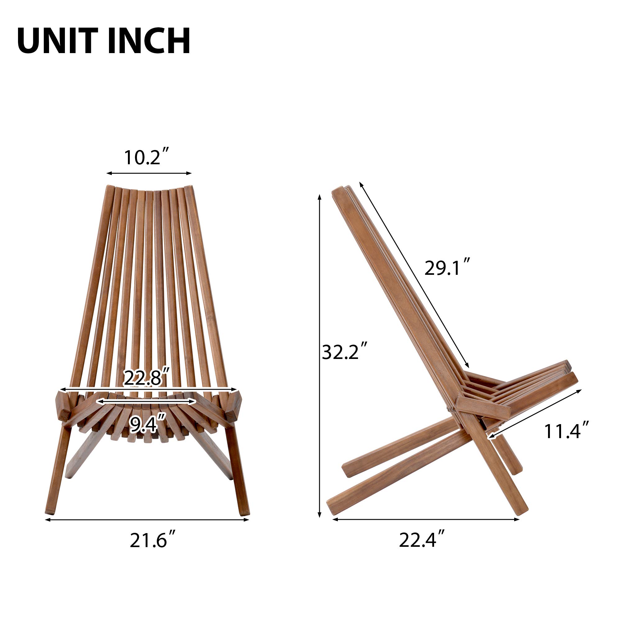 Folding Acacia Wood Outdoor Lounge Chair - Stylish Low Profile Patio, Porch, Lawn & Garden Furniture - Perfect for Backyard Relaxation, Poolside Lounging & Outdoor Entertaining