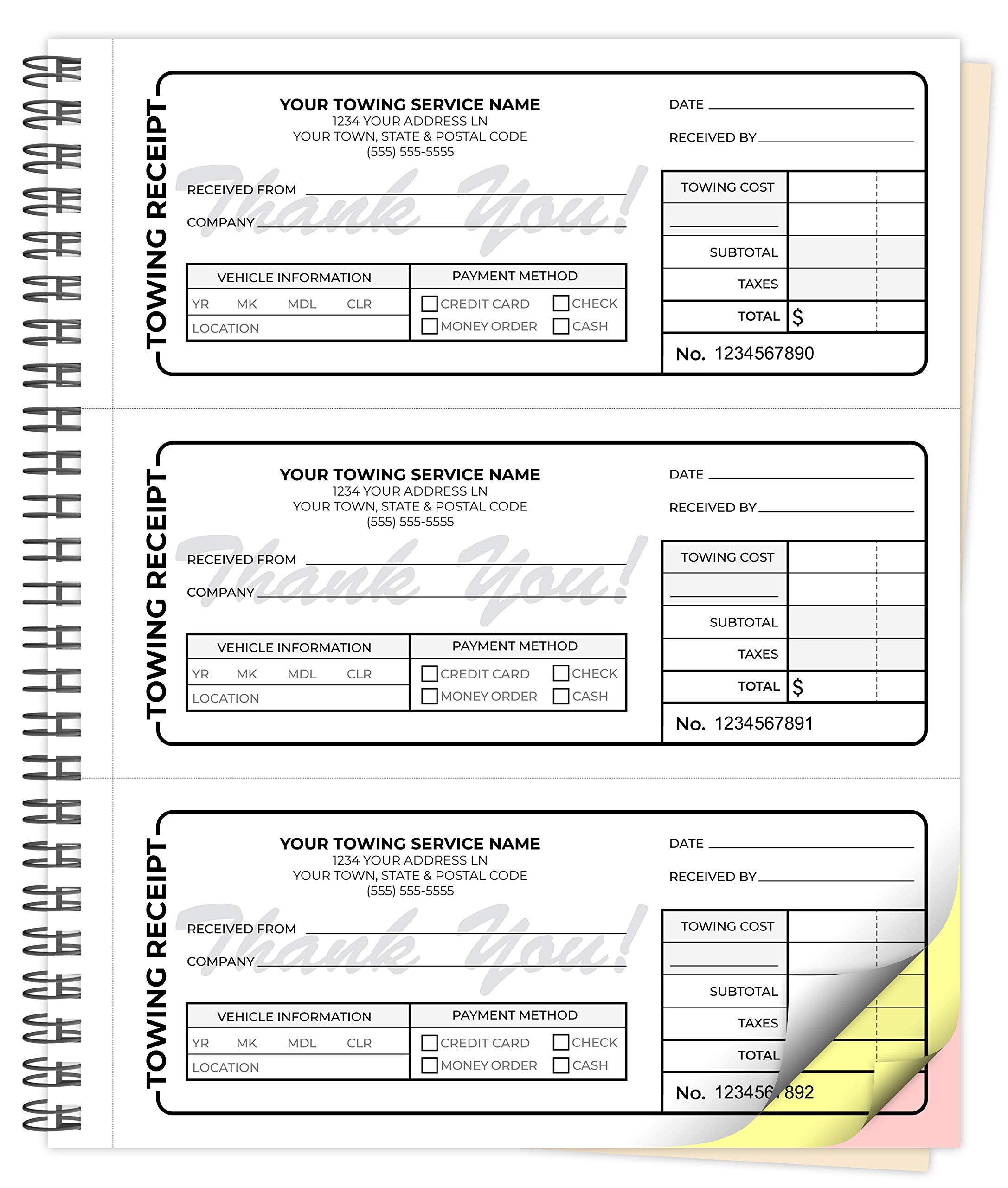 Custom Printed Carbonless Towing Invoice Receipt Books - 8.5