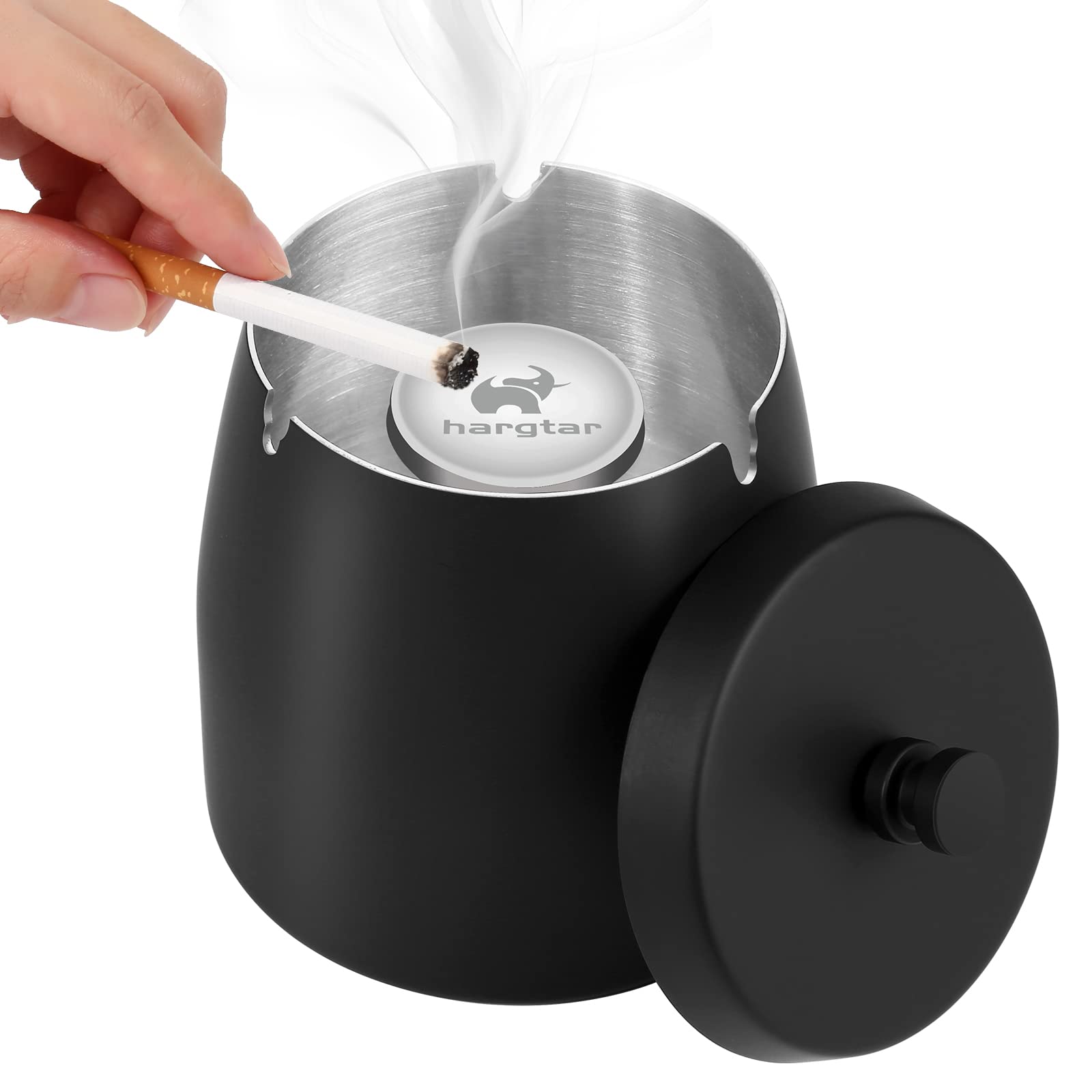 Windproof Metal Ashtray with Lid - Small Black Outdoor Cigarette Ashtray for Patio, Garden, Balcony & Camping Use