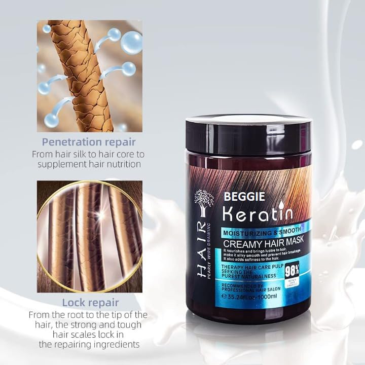 Beggie Keratin Hair Smoothing & Nourishing Cream - Repair Treatment for Dry, Damaged Hair - Salon-Quality SPA Care for Frizz Control & Shine - Perfect for Home Hair Care & Professional Styling