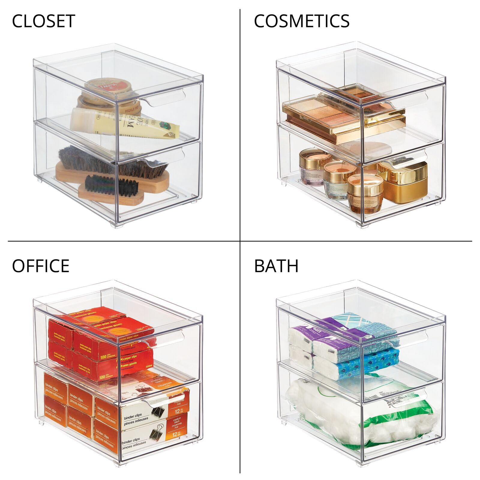 mDesign Stackable Storage Containers with 2 Pull-Out Drawers - Clear Plastic Organizer Bins for Closet, Bedroom & Entryway - Lumiere Collection 2-Pack - Perfect for Clothes, Linens & Seasonal Storage
