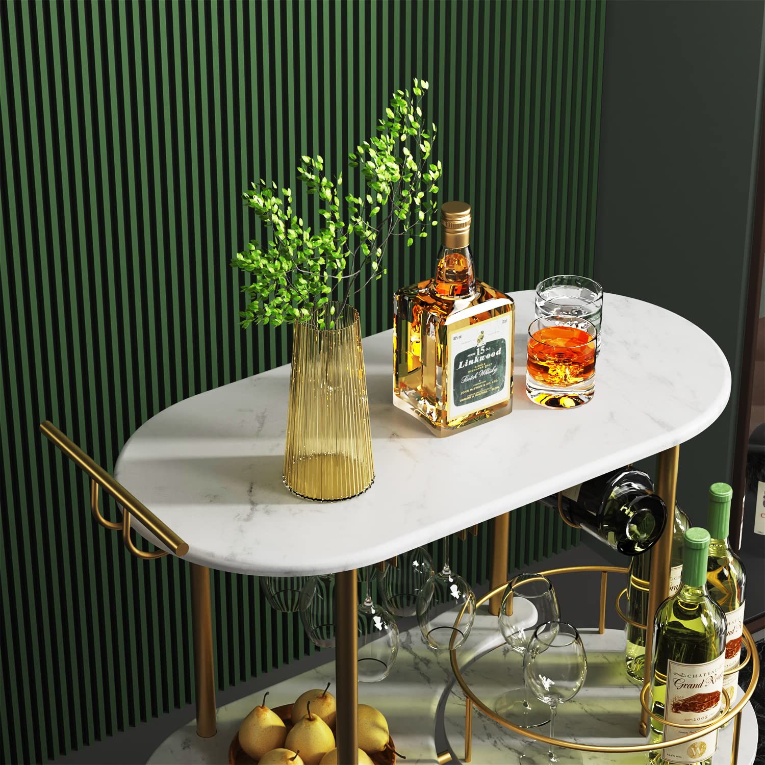 4-Tier Gold Bar Cart with Wine Rack & Glass Holder - Mobile Serving Cart for Kitchen, Living Room, Dining Room - Perfect for Home Entertaining & Party Hosting