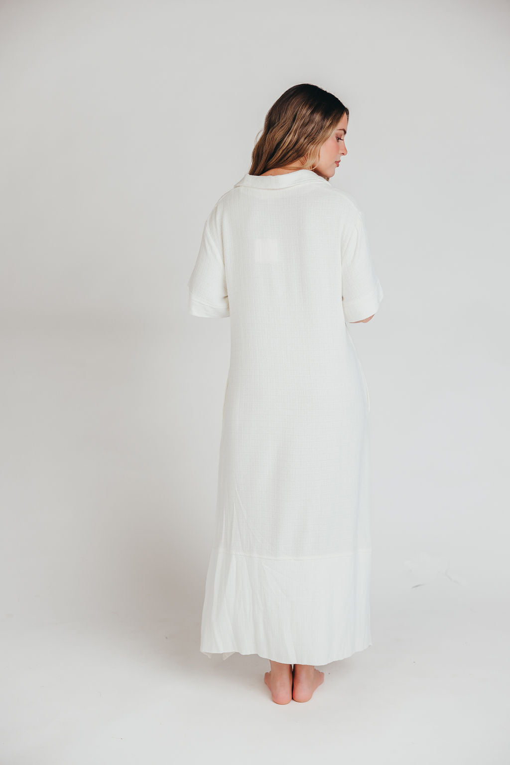 Fallon Linen Blend Collared Midi Dress in Ivory - Bump Friendly Maternity Dress for Women | Perfect for Summer Weddings, Baby Showers & Casual Outings