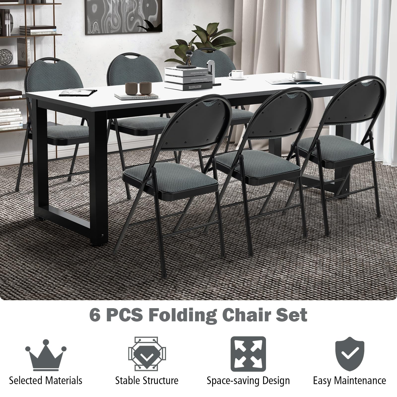 6-Pack Folding Chairs with Padded Seat & Back - Portable Metal Frame Chairs for Home, Office, Camping, Picnics & Outdoor Events - Comfortable Upholstered Chairs (Set of 6)