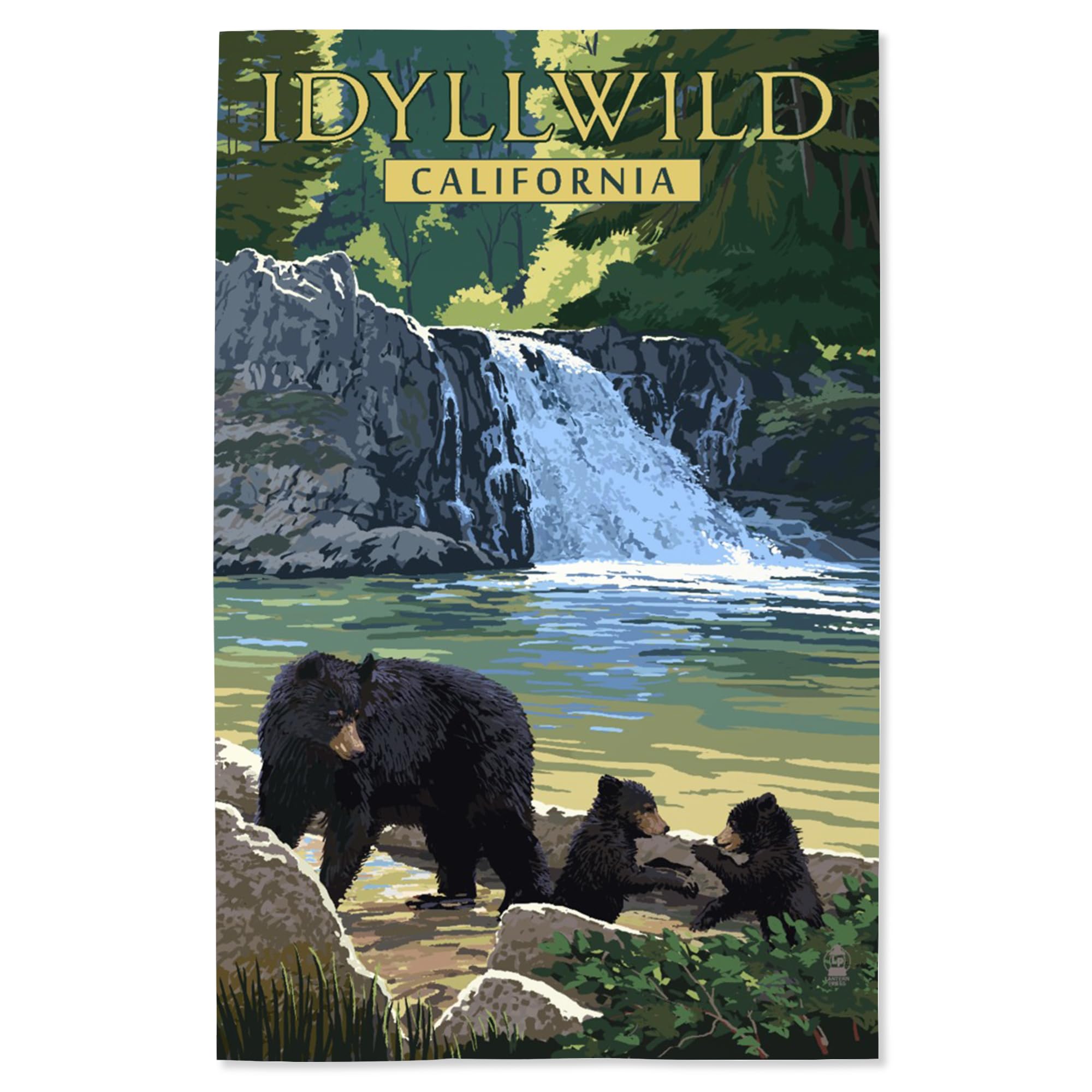 Lantern Press 16x24 Inch Giclee Art Print - Idyllwild California Landscape with Bear Family and Waterfall - Perfect for Living Room, Bedroom or Office Wall Decor
