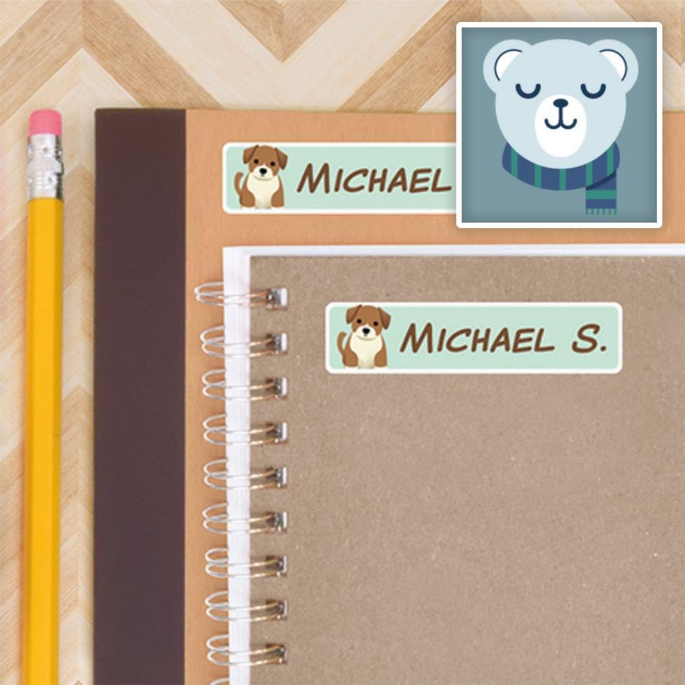 Waterproof Personalized Name Labels - 36 Large Peel & Stick Durable Bear Design Labels for Kids School Supplies, Lunch Boxes & Water Bottles