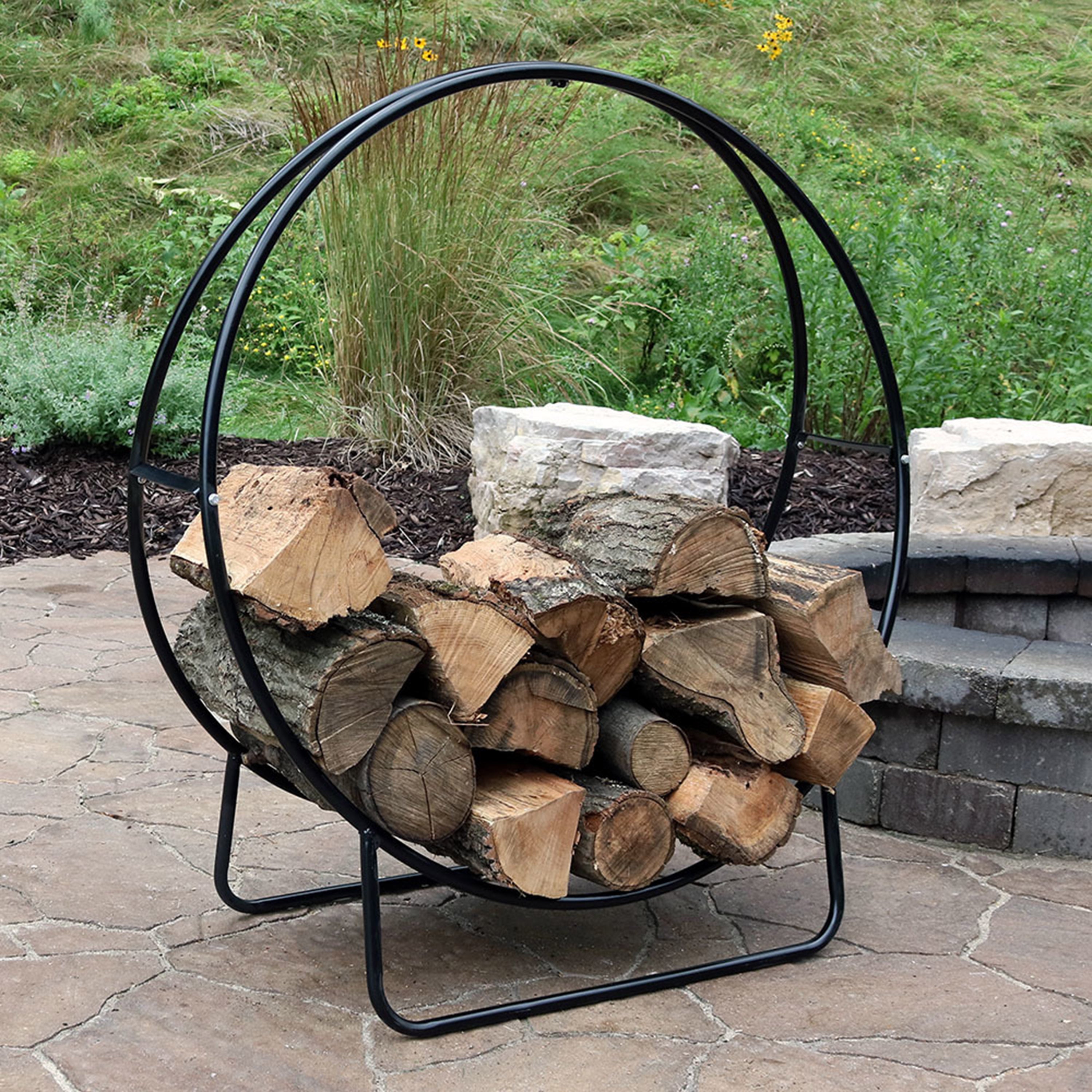 Sunnydaze Outdoor Steel Firewood Log Hoop Rack - Heavy Duty Firewood Holder for Fireplace, Camping & Patio - Rust-Resistant Log Storage for Backyard, Garden & Deck