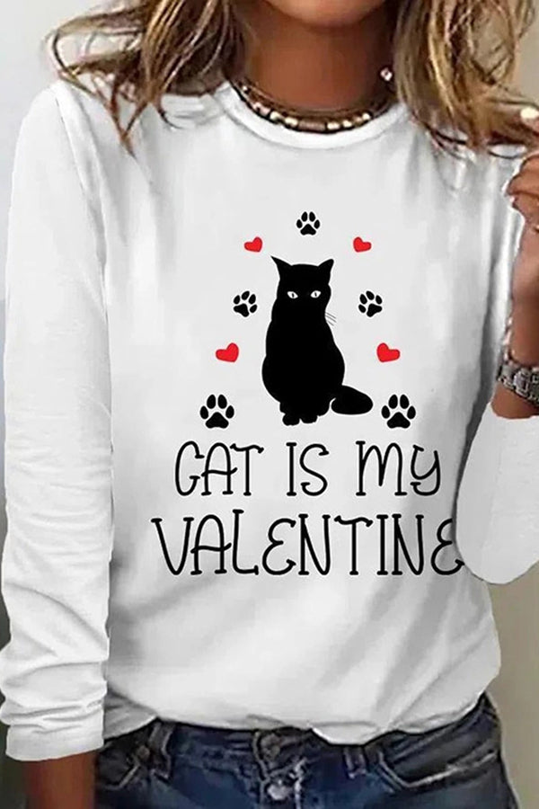 Valentine's Day Printed Round Neck Long Sleeve T-Shirt for Women - Romantic Love Heart Pattern Casual Blouse - Perfect for Date Night, Anniversary Gifts & Couple Outfits