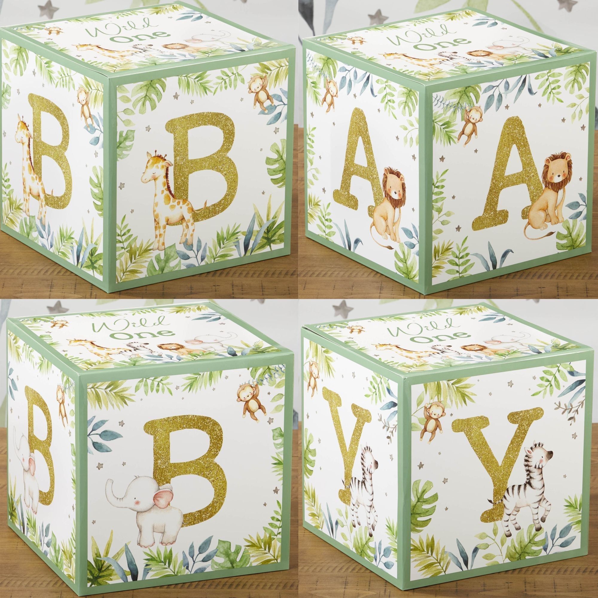 Safari Baby Block Box - Educational Wooden Toy Set of 4 for Toddlers - Perfect for Early Learning, Playtime & Nursery Decor
