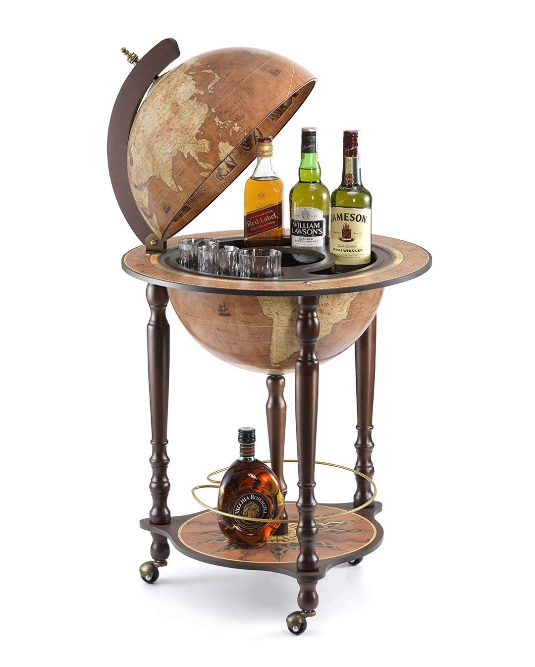 Vintage Style Da Vinci Classic Floor Standing Globe Bar Cabinet with Wheels - Rustic Home Decor for Living Room, Study or Office