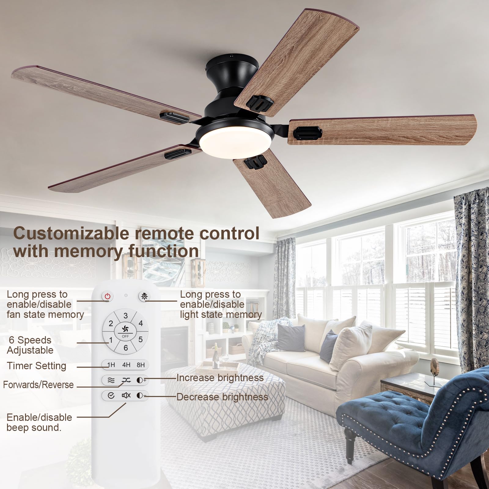 52 Inch Low Profile Flush Mount Ceiling Fan with LED Light and Remote - Modern Black 5-Blade Indoor/Outdoor Ceiling Fan, Dimmable Light, 6-Speed DC Motor - Perfect for Bedrooms, Living Rooms, Patios and Covered Porches