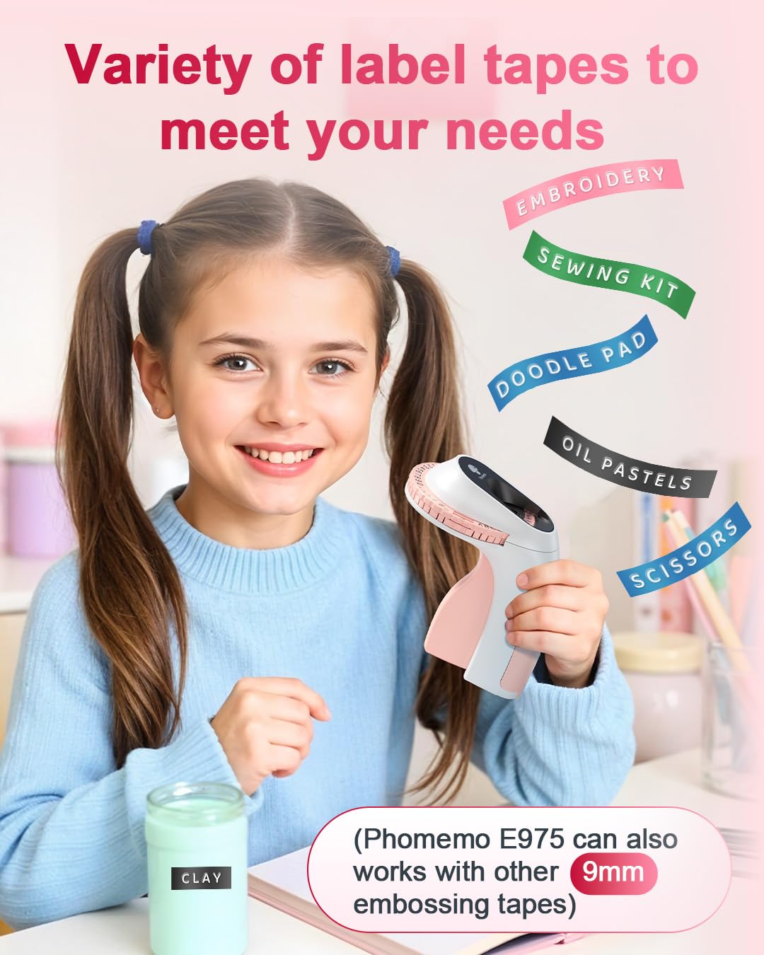 Phomemo Portable Embossing Label Maker Machine with 6 Rolls 3D Embossed Label Tapes - Retro Style for Kids DIY, Home, School & Office Organization (Pink) - Perfect for Crafting, Gift Wrapping & Storage Labeling