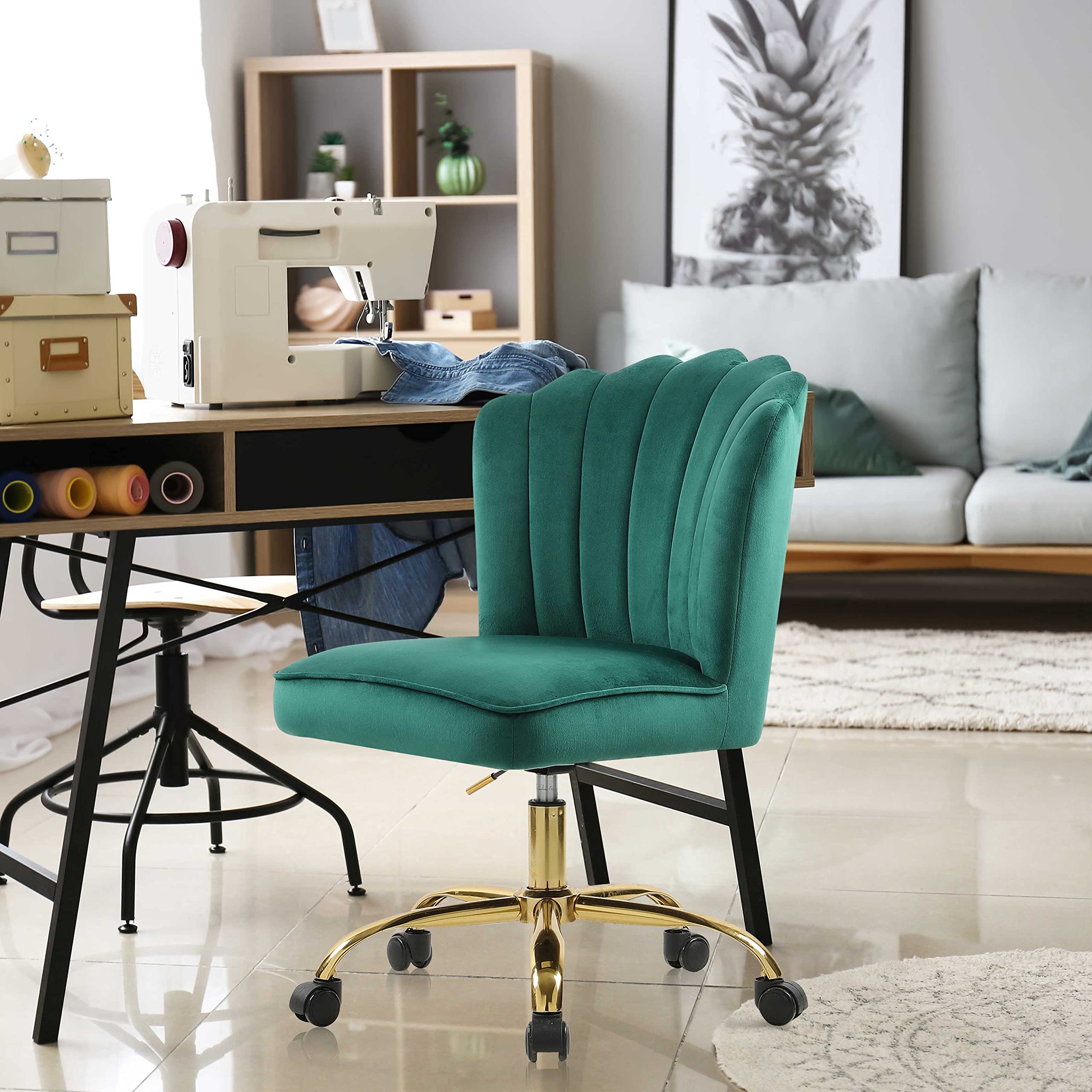 Sepnine Ergonomic Home Office Chair - Velvet Upholstered Desk Chair with Gold Frame, 360° Swivel & Height Adjustable - Green Reception Task Chair M-6311 | Perfect for Home Office, Study Room & Workspace