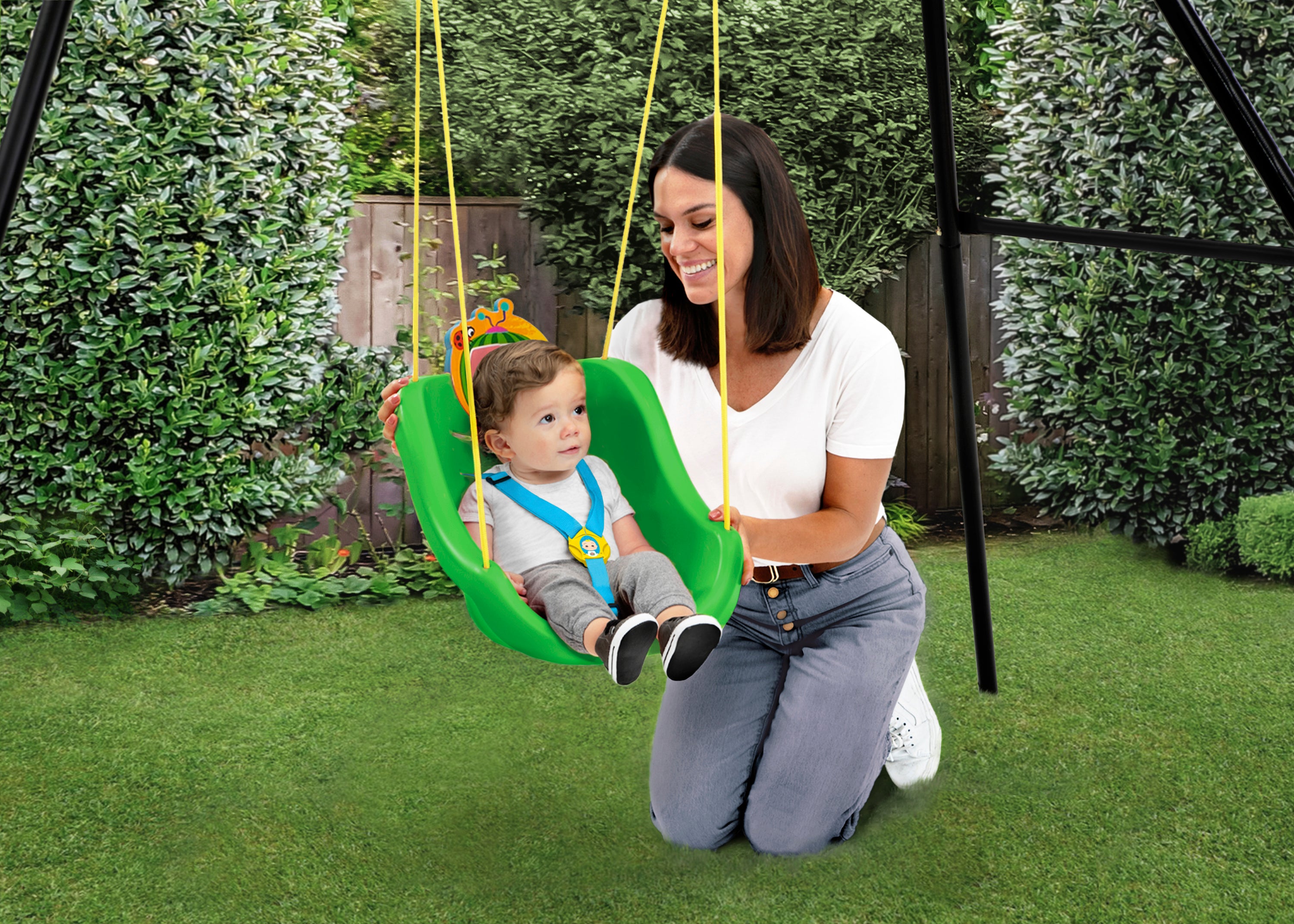 Cocomelon 2-in-1 Outdoor Kids Swing Set with Adjustable Seat - Perfect for Backyard Playground, Park, and Garden Fun