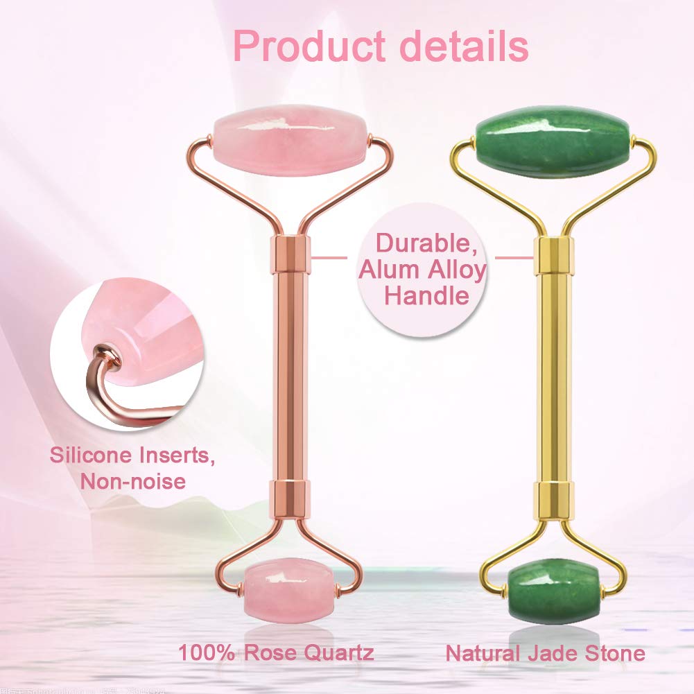2 Pack Jade & Rose Quartz Facial Rollers for Wrinkles & Puffiness Relief - Natural Stone Face Massager for Skincare & Lymphatic Drainage - Perfect for Morning Routine & Spa Night Self-Care