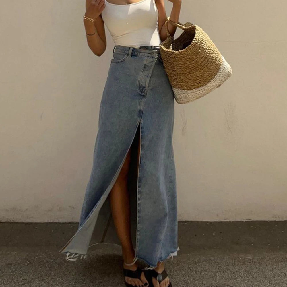 Women's High Waist Asymmetrical Denim Skirt with Patchwork Pockets - Loose Fit Casual Split Skirt for Everyday Wear, Street Style & Boho Fashion Outfits
