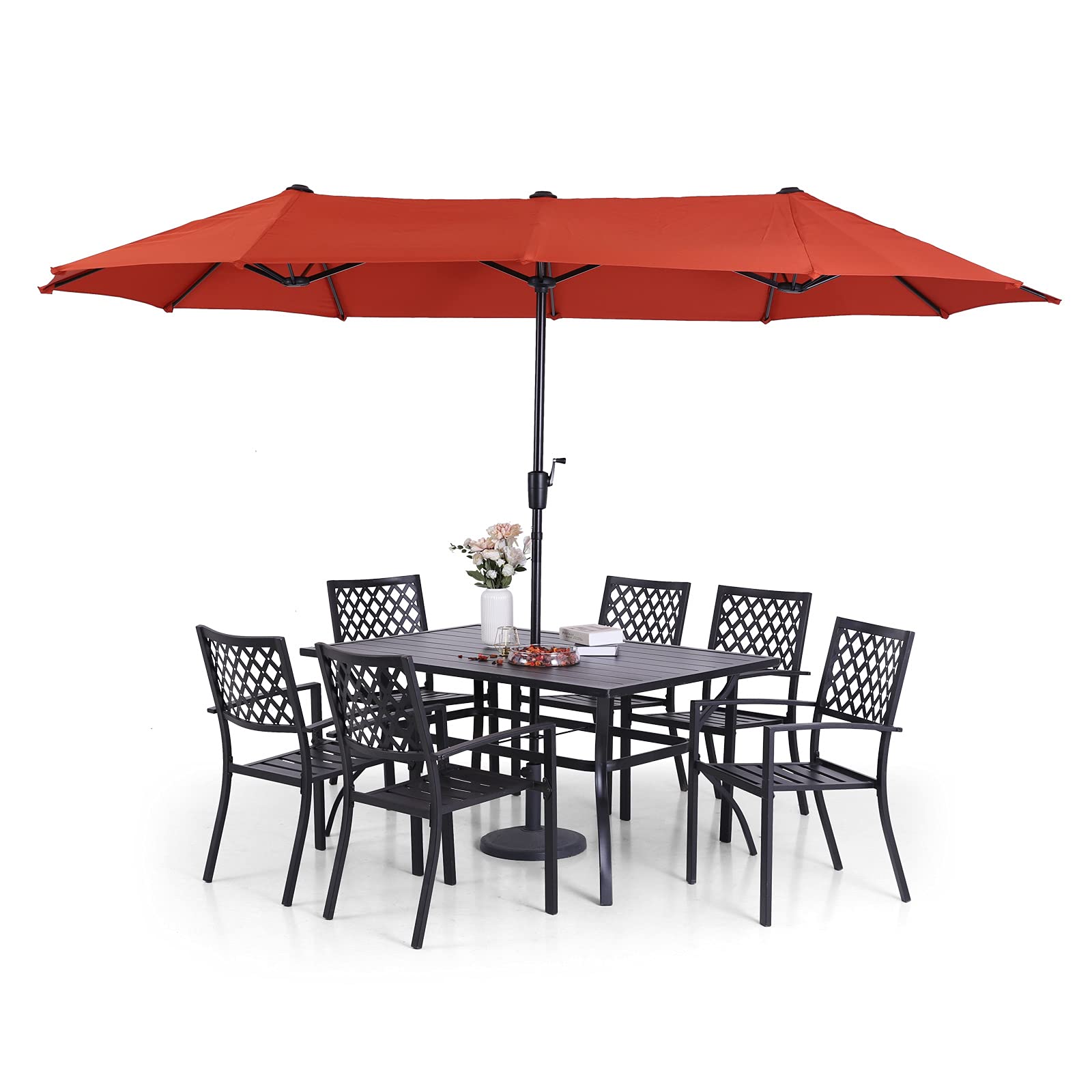 Sophia & William 8-Piece Metal Outdoor Dining Set with 6 Chairs, Rectangular Table & 13ft Double-Sided Patio Umbrella - Orange Red - Perfect for Backyard BBQs, Poolside Gatherings & Garden Parties