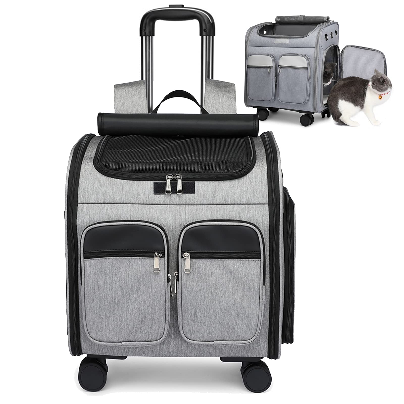 Pet Travel Carrier with Removable Wheels - Cat & Dog Rolling Backpack Stroller with Mesh Ventilation & Storage Pockets - Perfect for Air Travel, Vet Visits, and Outdoor Adventures